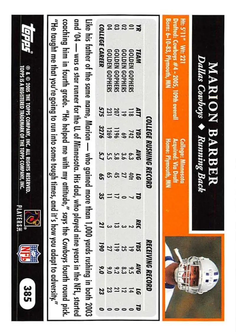 2005 Topps #385 Marion Barber NM-MT RC Rookie Dallas Cowboys Football Card