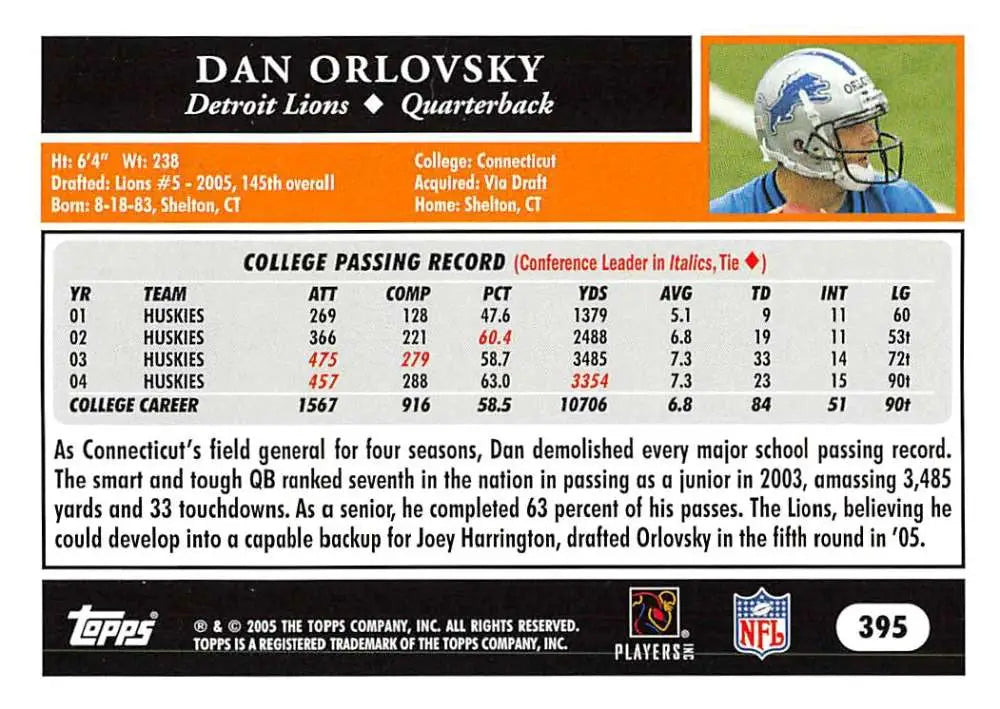 2005 Topps #395 Dan Orlovsky NM-MT RC Rookie Detroit Lions Football Card