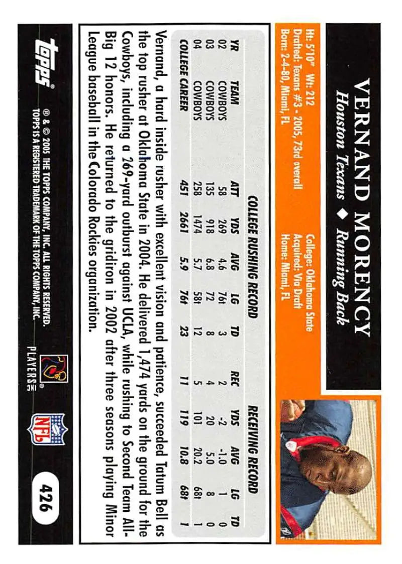 2005 Topps #426 Vernand Morency NM-MT RC Rookie Houston Texans Football Card - Football Card Single