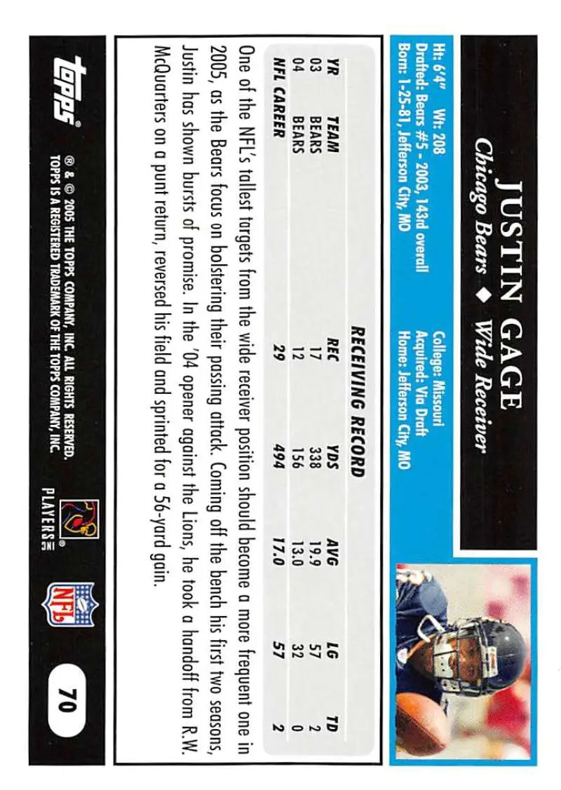 2005 Topps #70 Justin Gage NM-MT Chicago Bears Football Card - Football Card Single