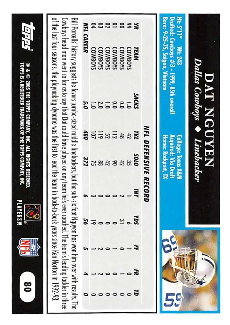 2005 Topps #80 Dat Nguyen NM-MT Dallas Cowboys Football Card - Football Card Single