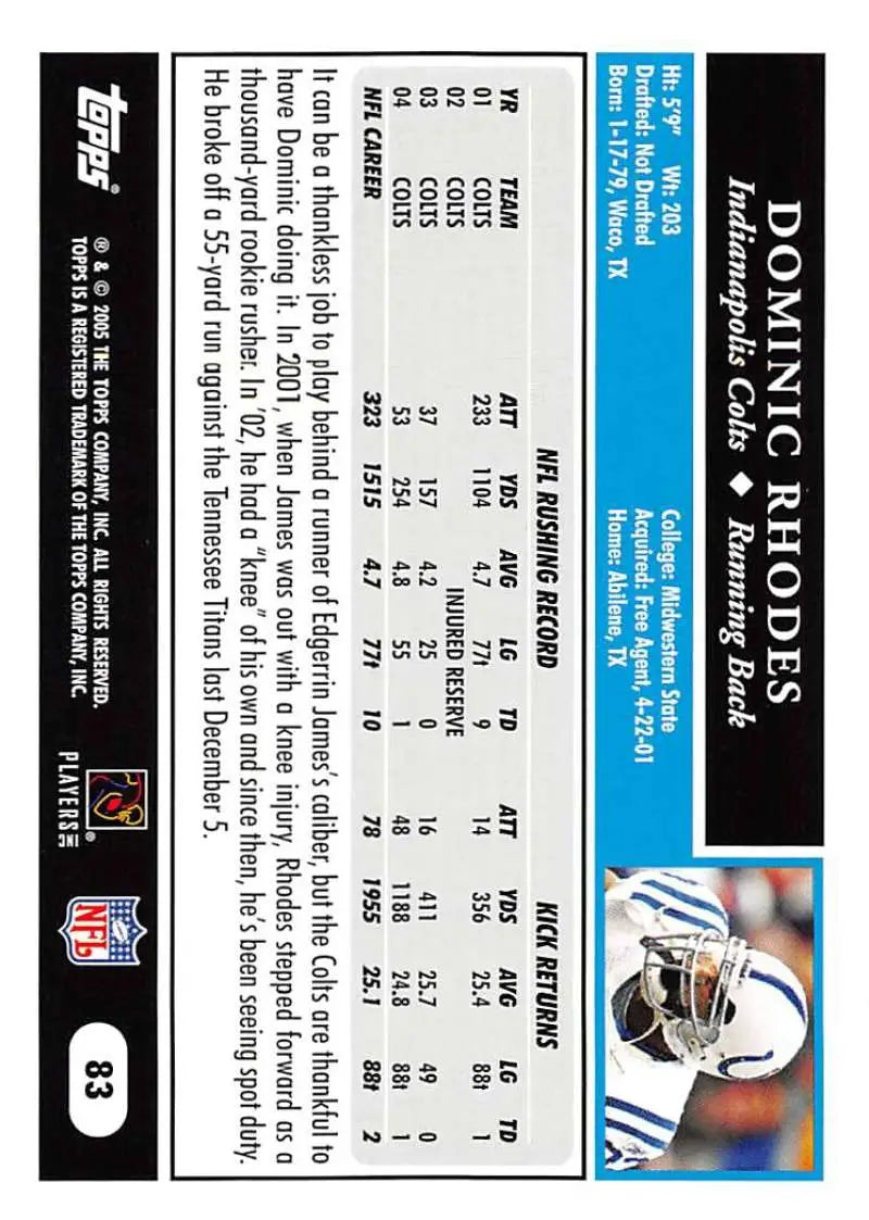 2005 Topps #83 Dominic Rhodes NM-MT Indianapolis Colts Football Card - Football Card Single