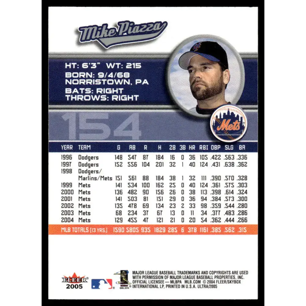 2005 Ultra #154 Mike Piazza EX/NM New York Mets Baseball Card - Baseball Card Single