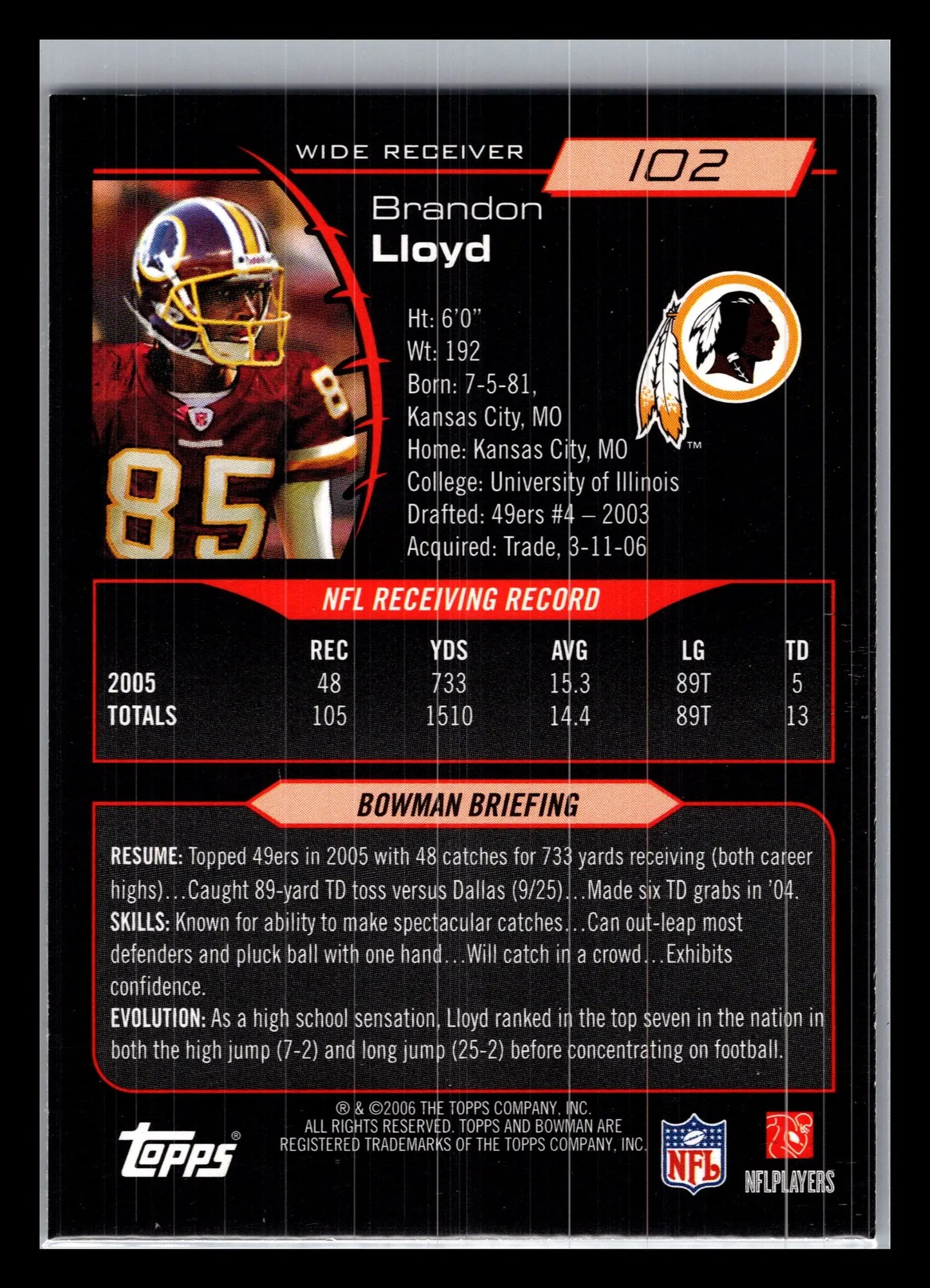 2006 Bowman #102 Brandon Lloyd Washington Redskins - Football Card Single