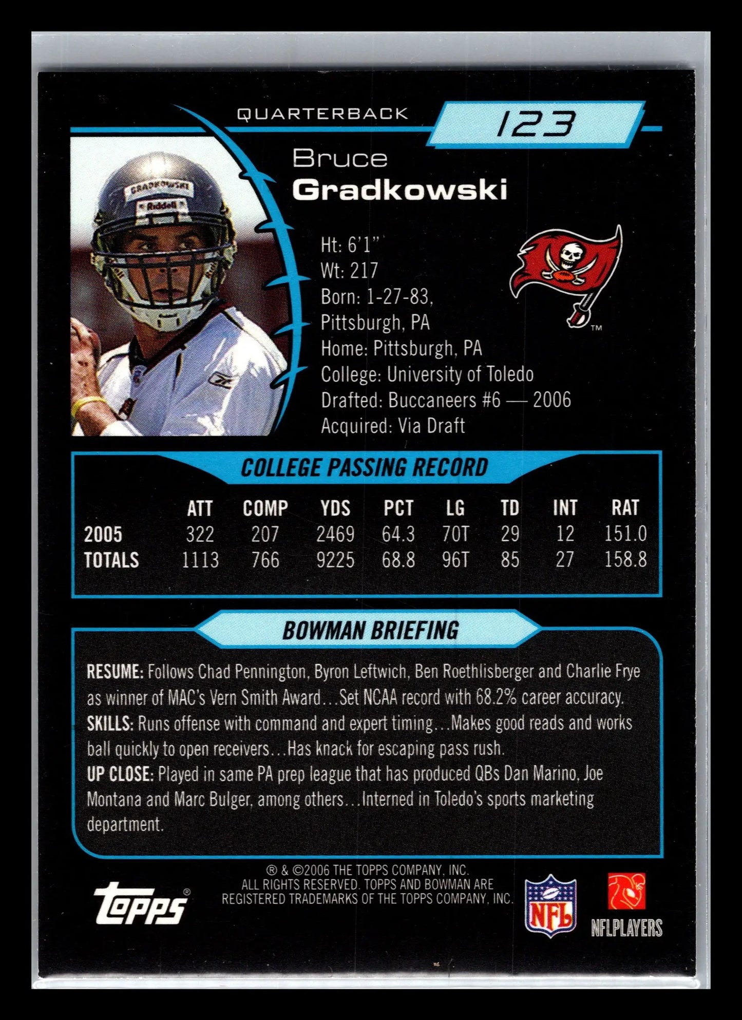 2006 Bowman #123 Bruce Gradkowski Tampa Bay Buccaneers Rookie - Football Card Single