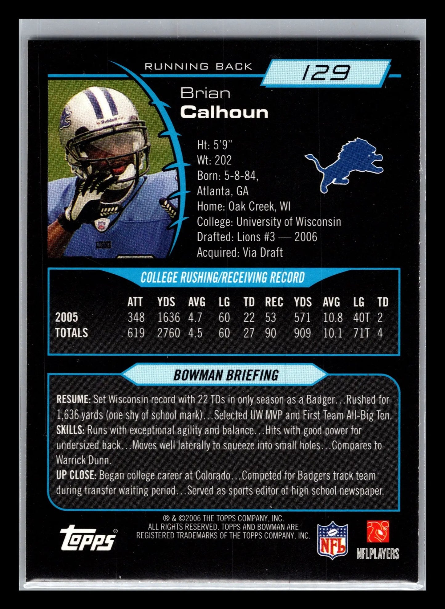 2006 Bowman #129 Brian Calhoun Detroit Lions Rookie - Football Card Single