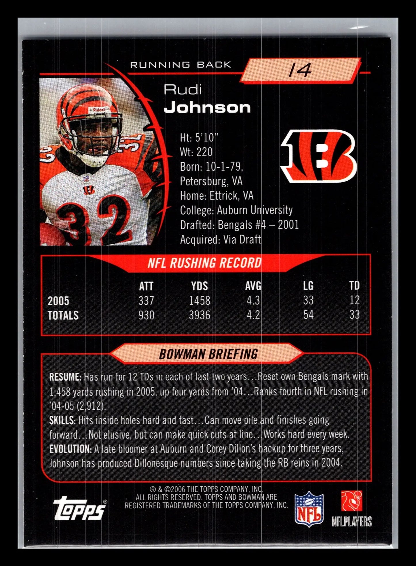 2006 Bowman #14 Rudi Johnson Cincinnati Bengals - Football Card Single