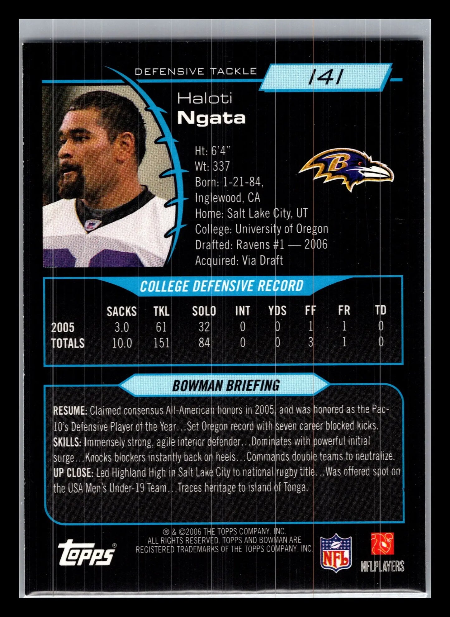2006 Bowman #141 Haloti Ngata Baltimore Ravens Rookie - Football Card Single