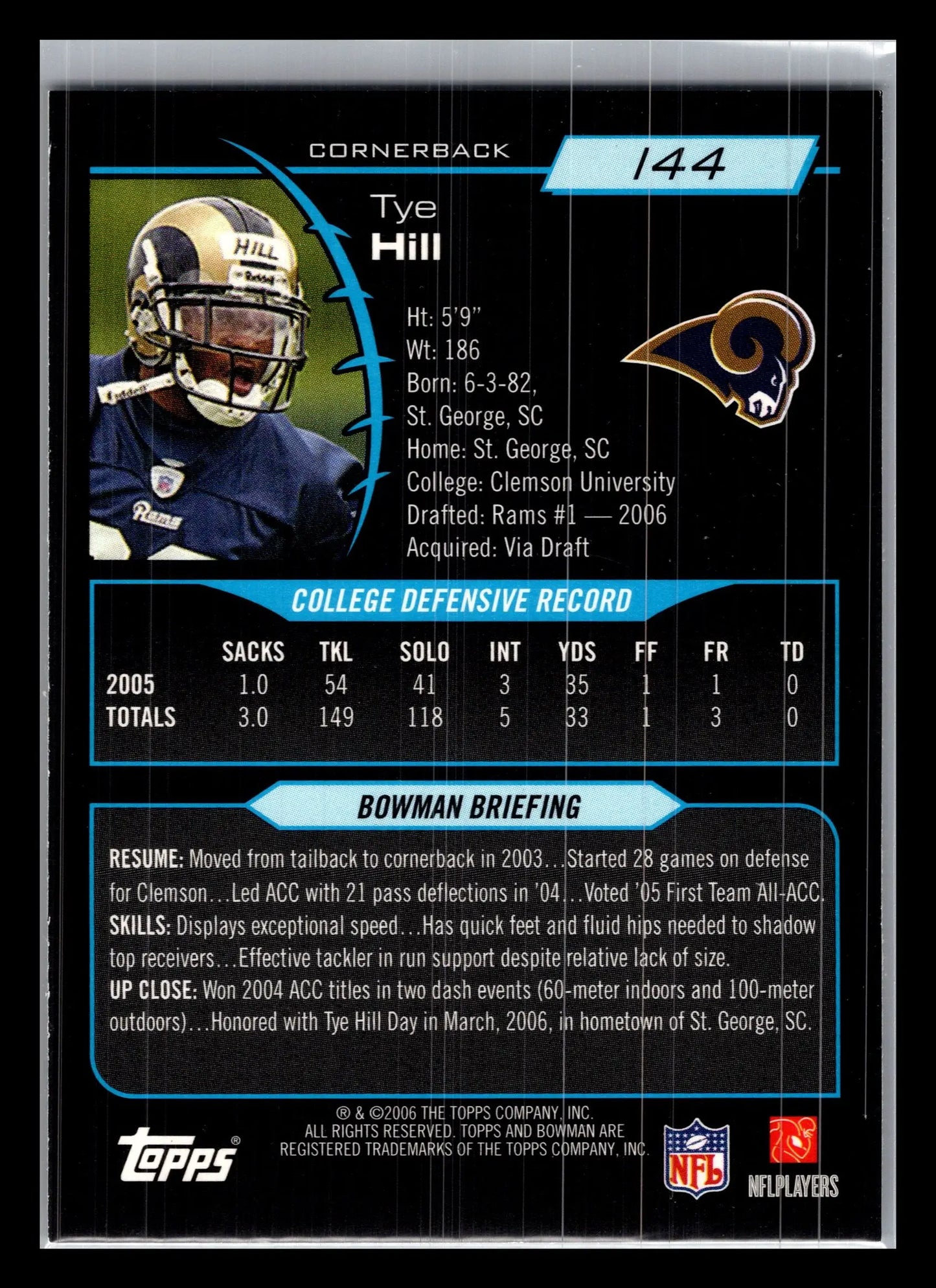 2006 Bowman #144 Tye Hill St. Louis Rams Rookie - Football Card Single