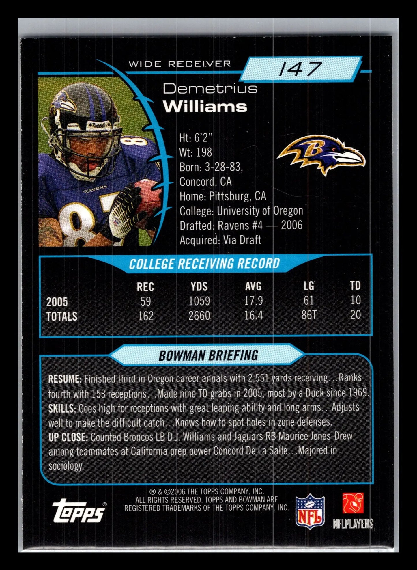 2006 Bowman #147 Demetrius Williams Baltimore Ravens Rookie - Football Card Single