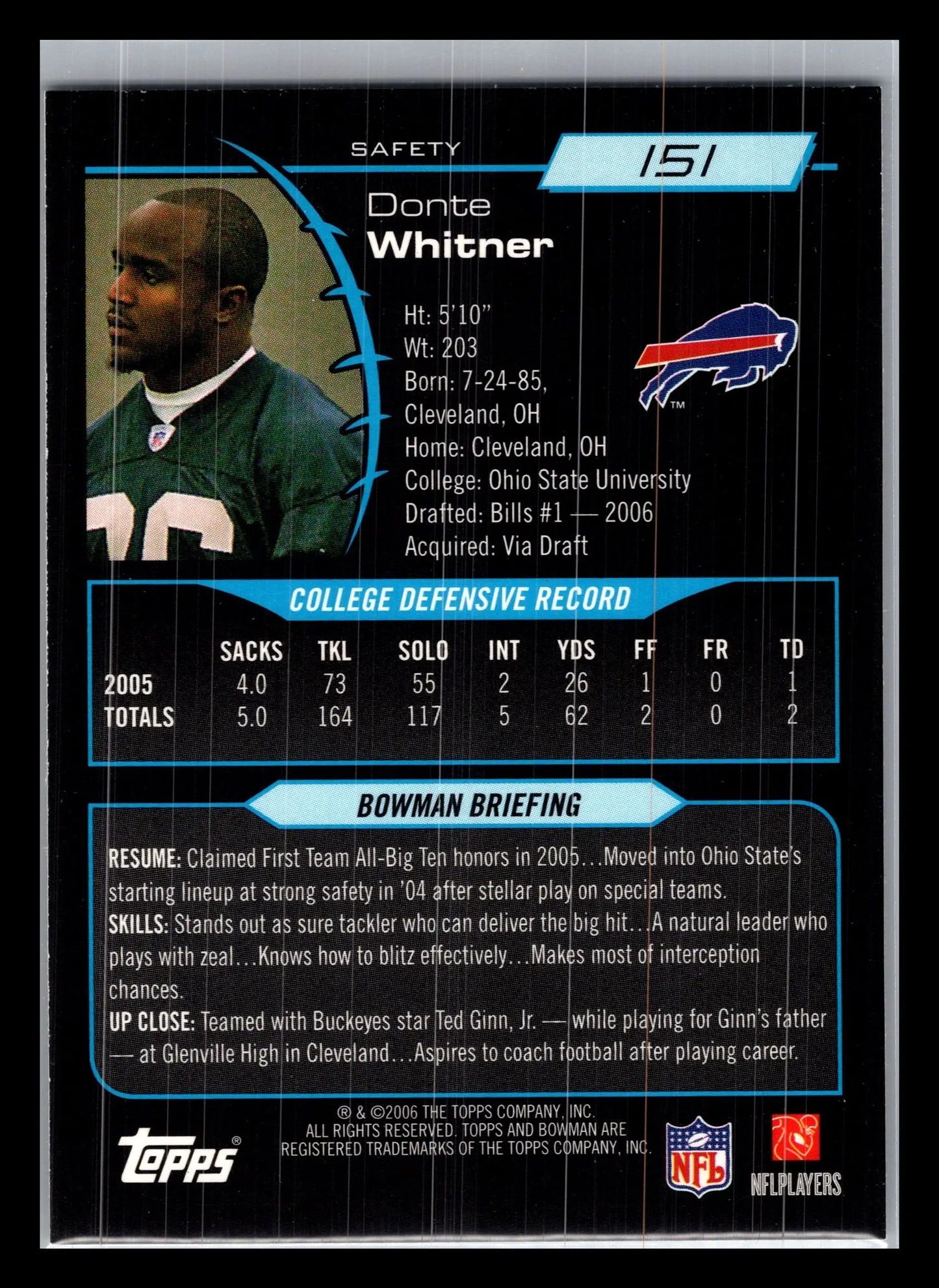 2006 Bowman #151 Donte Whitner Buffalo Bills Rookie - Football Card Single