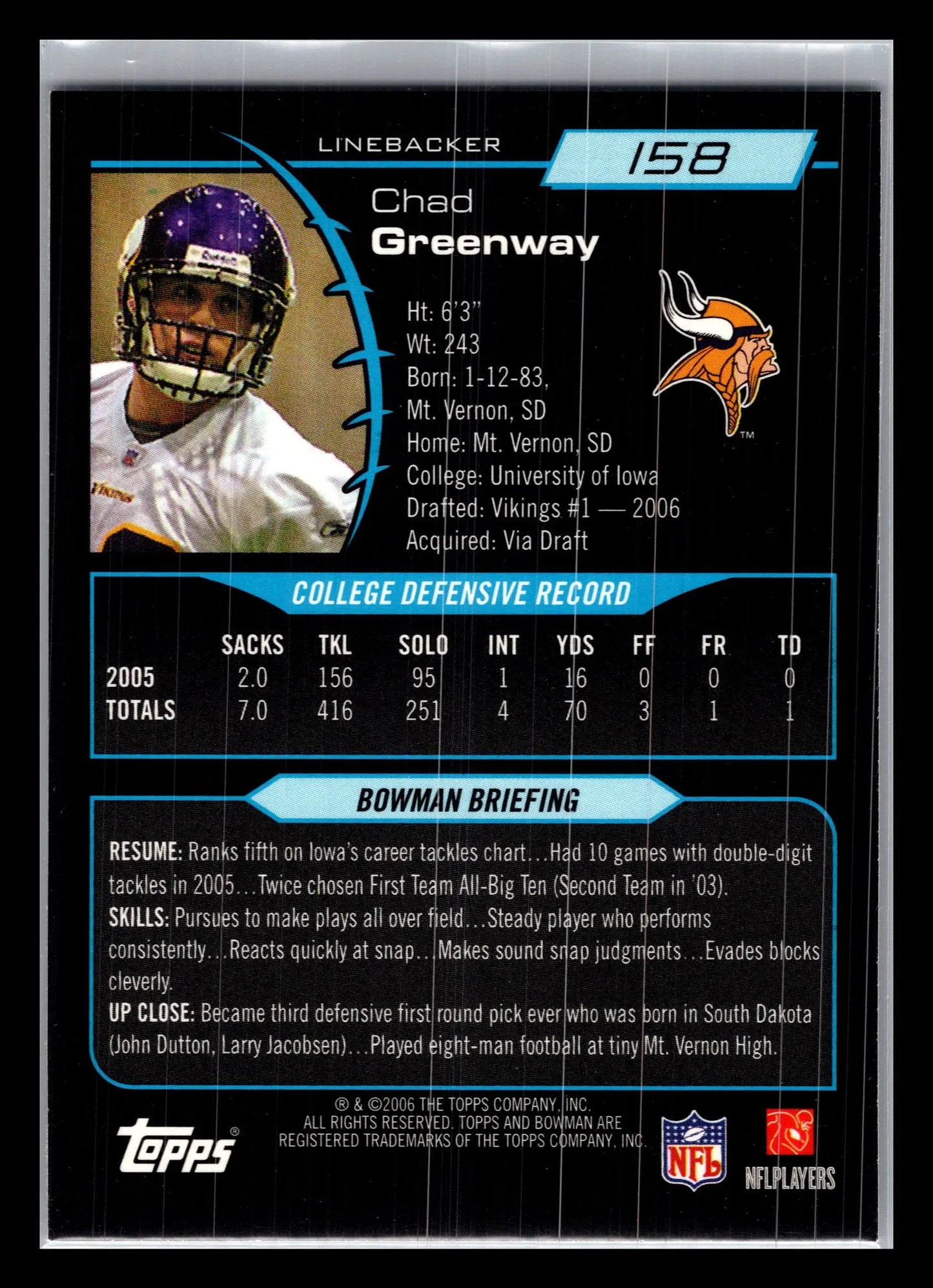 2006 Bowman #158 Chad Greenway Minnesota Vikings Rookie - Football Card Single