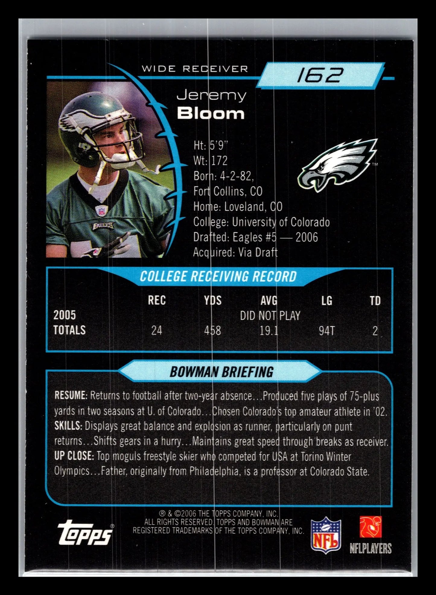 2006 Bowman #162 Jeremy Bloom Philadelphia Eagles Rookie - Football Card Single