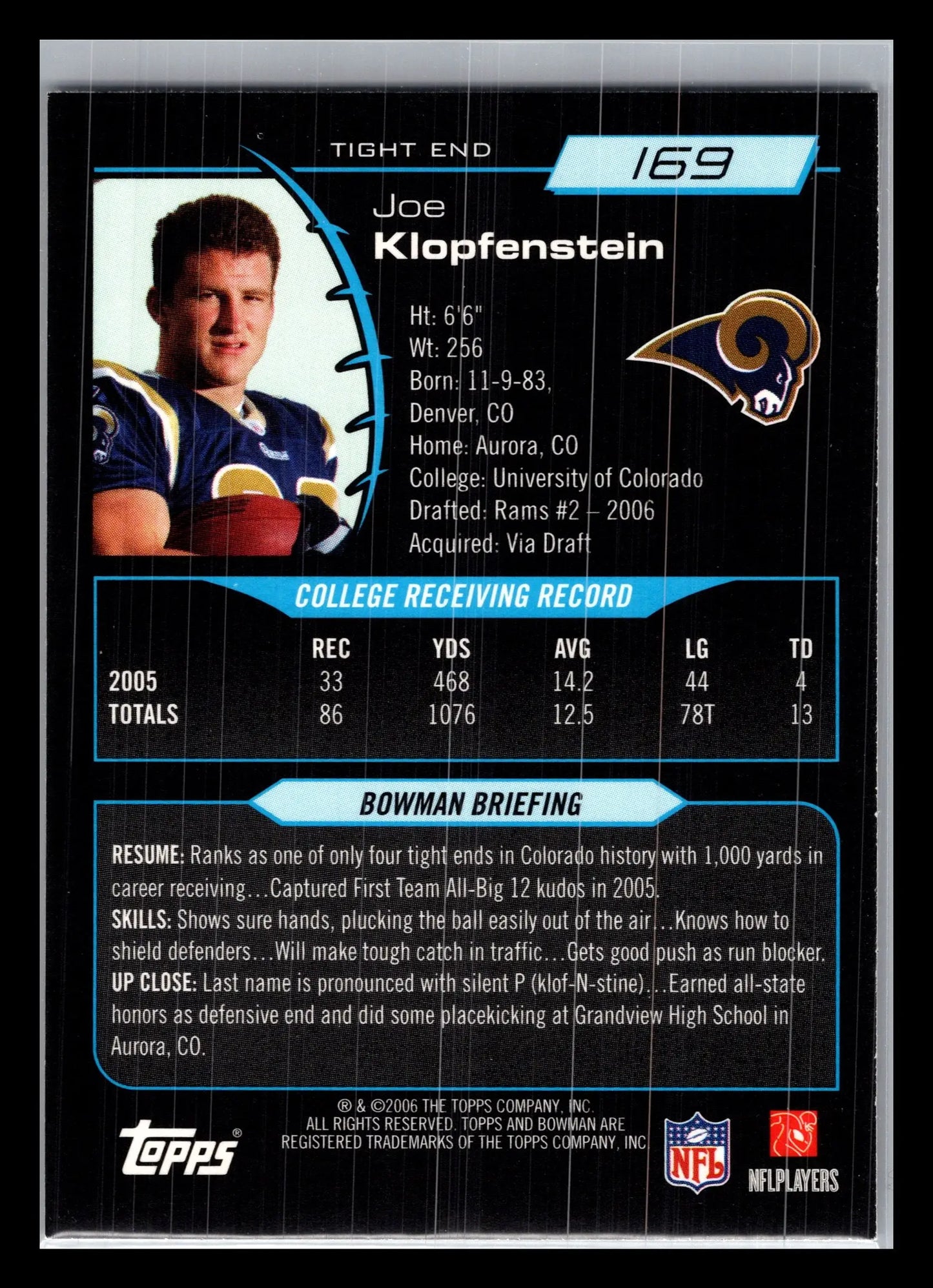 2006 Bowman #169 Joe Klopfenstein St. Louis Rams Rookie - Football Card Single