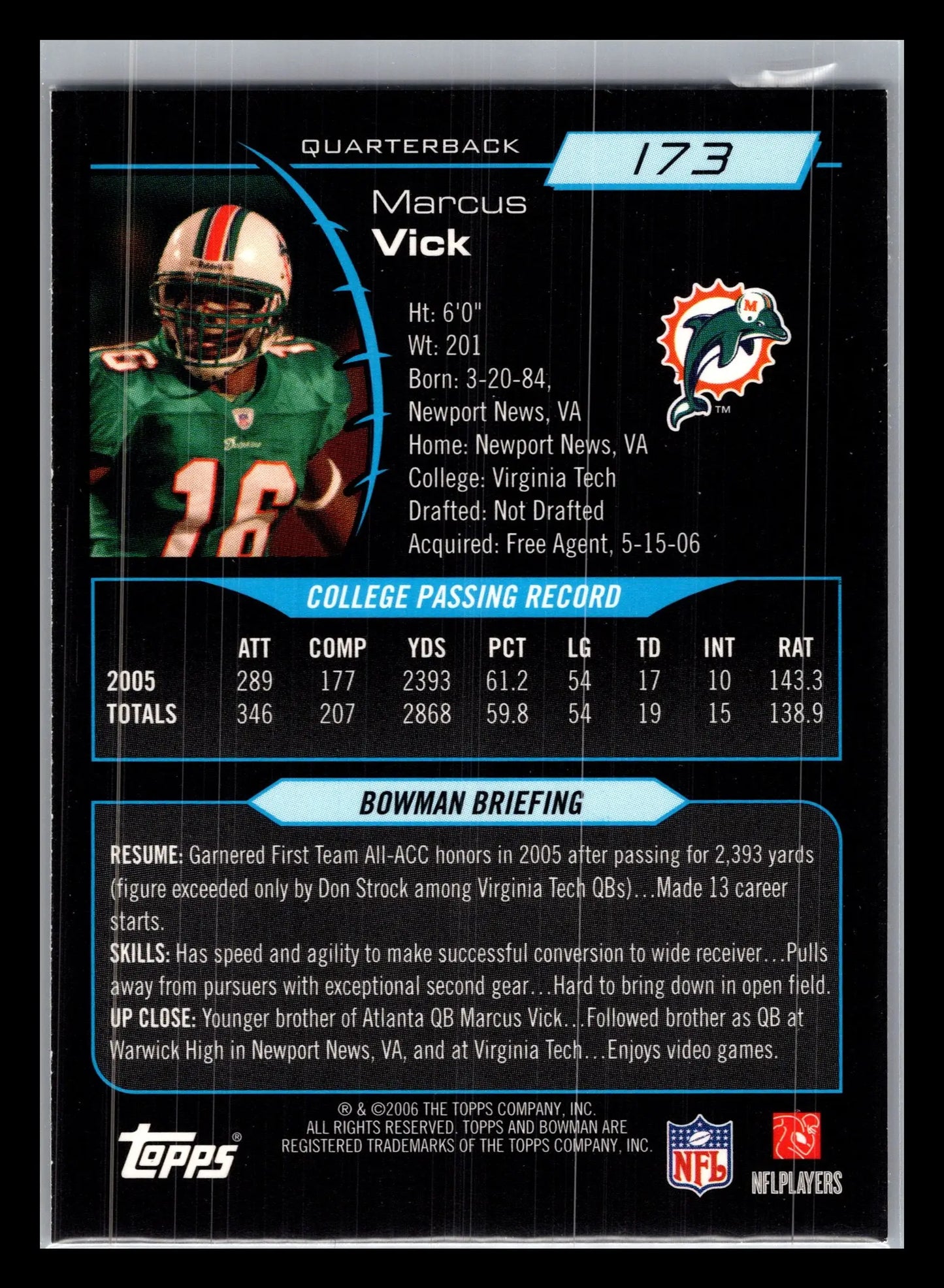 2006 Bowman #173 Marcus Vick Miami Dolphins Rookie - Football Card Single