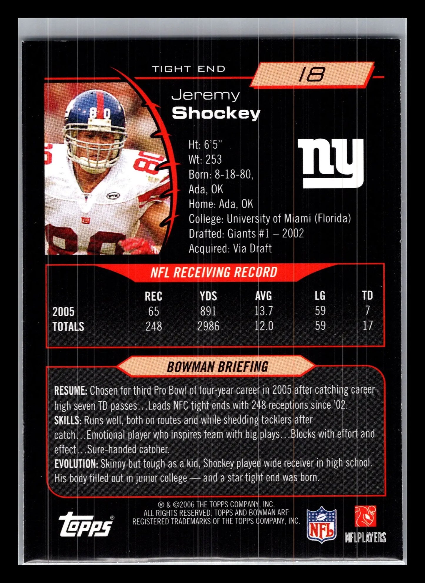 2006 Bowman #18 Jeremy Shockey New York Giants - Football Card Single