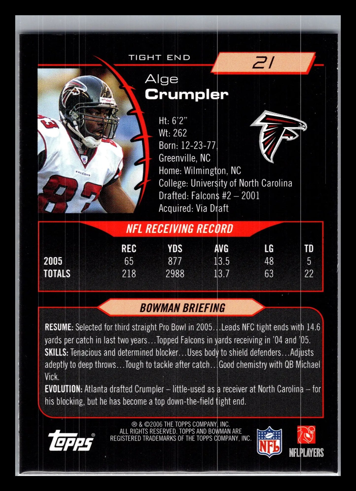 2006 Bowman #21 Alge Crumpler Atlanta Falcons