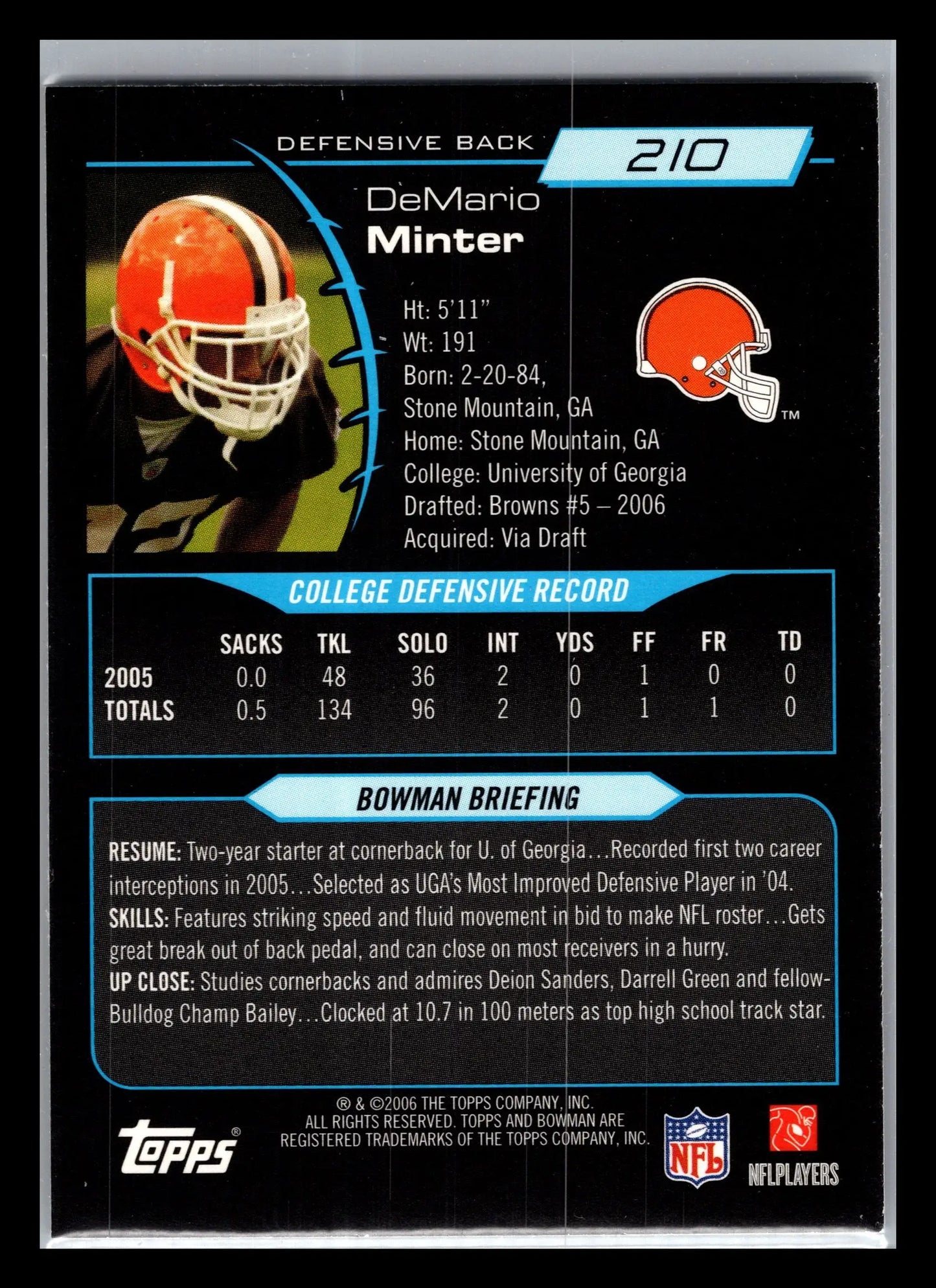 2006 Bowman #210 Demario Minter Cleveland Browns Rookie - Football Card Single