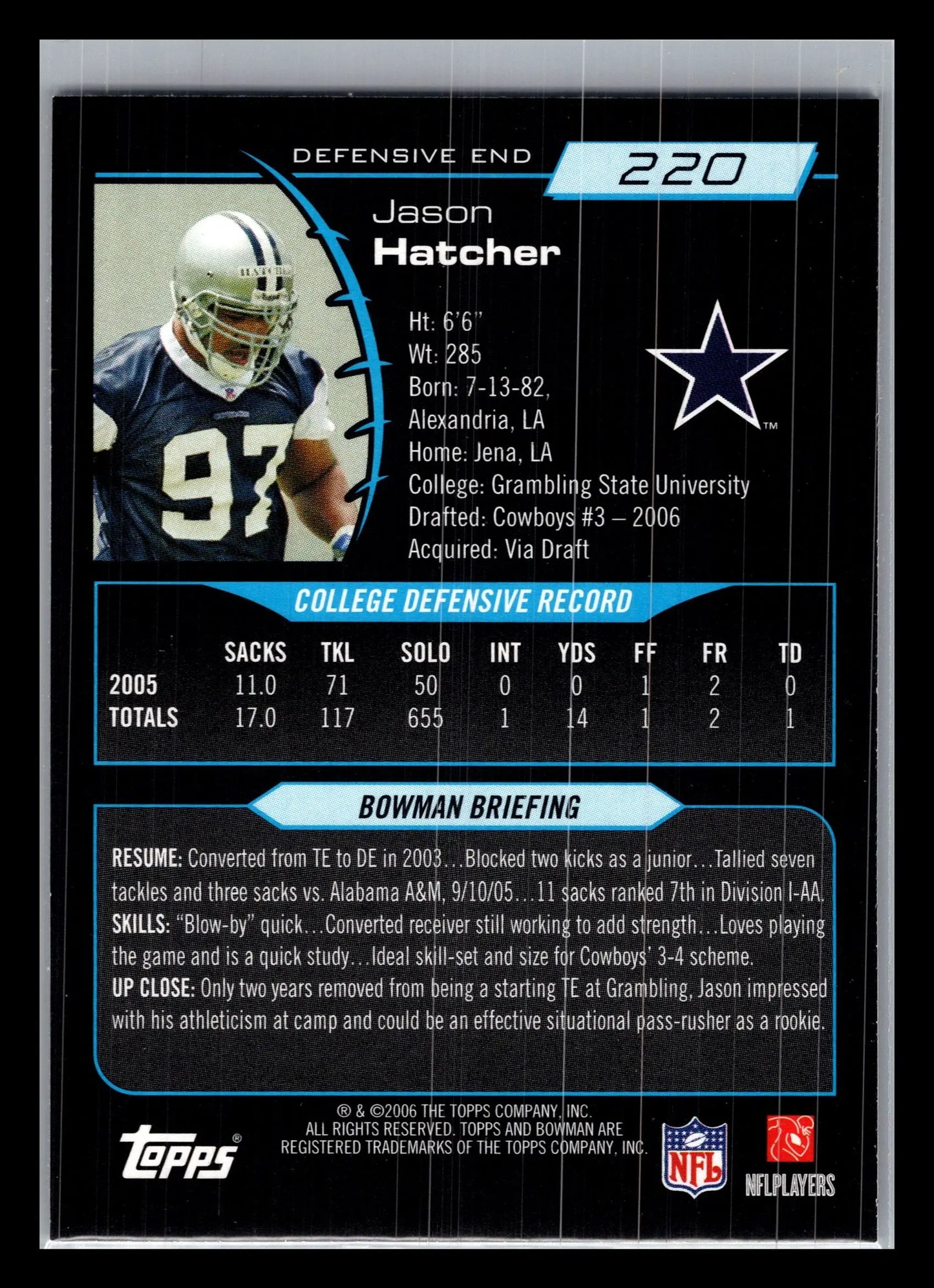 2006 Bowman #220 Jason Hatcher Dallas Cowboys Rookie - Football Card Single