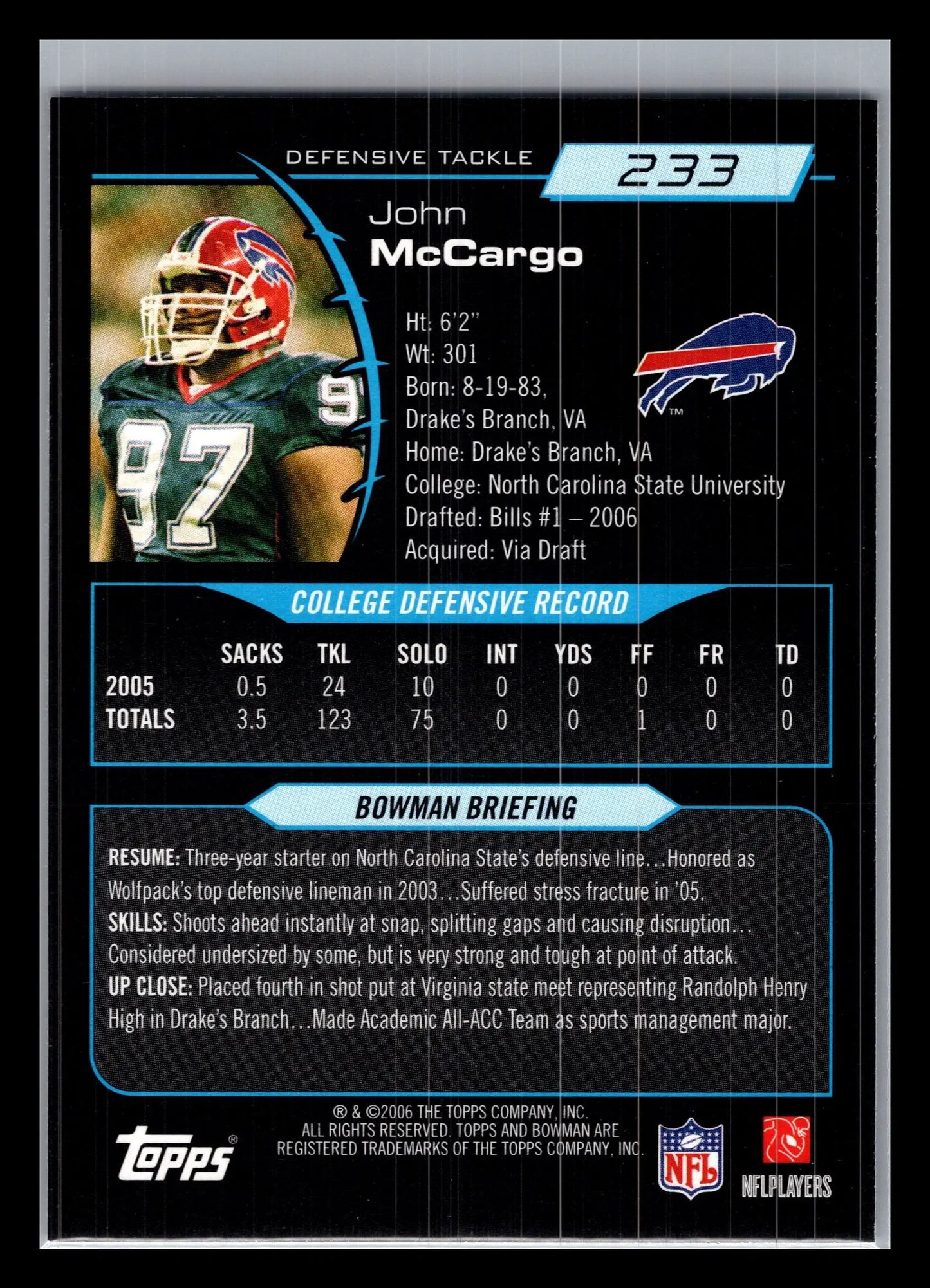2006 Bowman #233 John McCargo Buffalo Bills Rookie - Football Card Single
