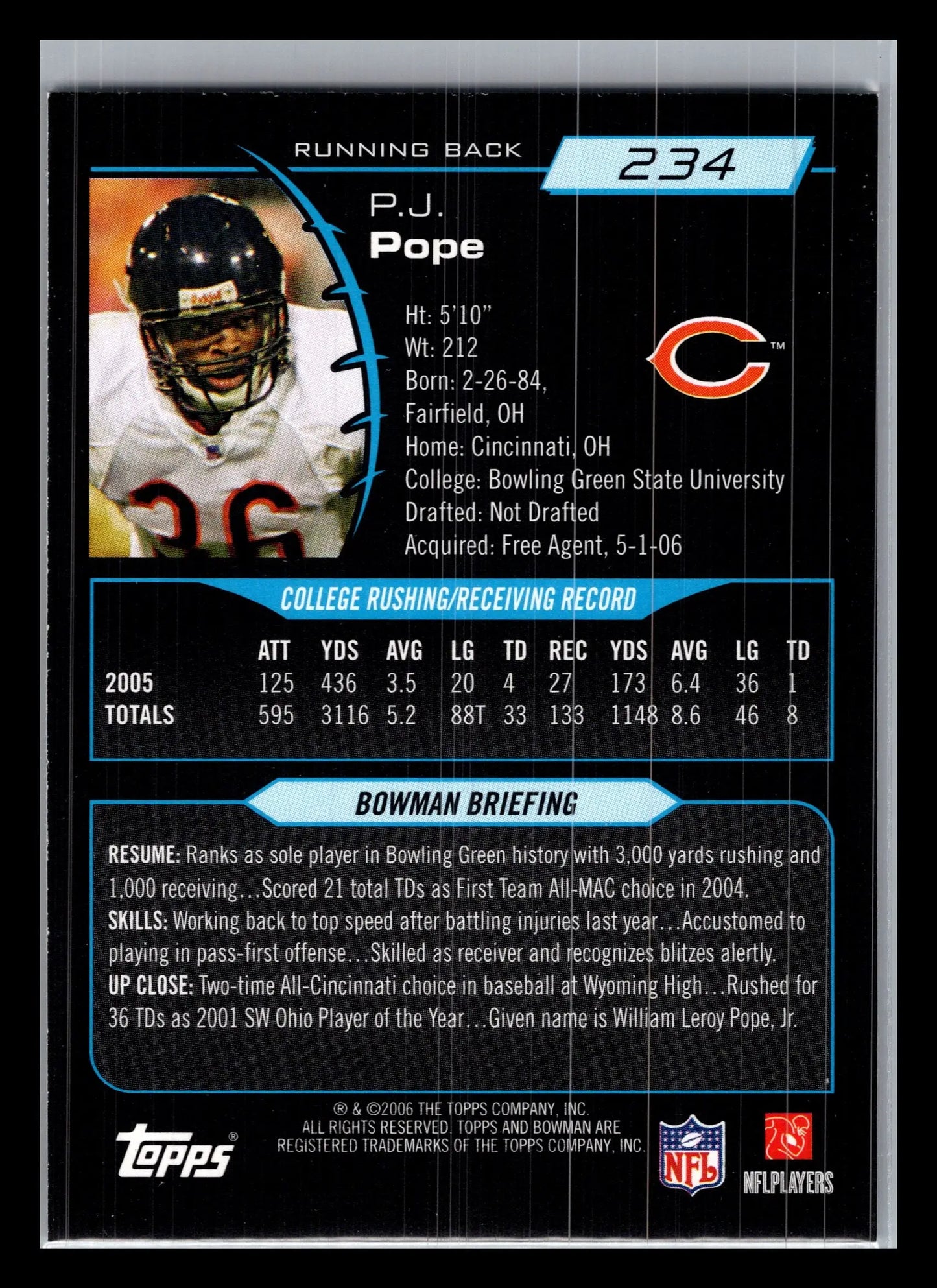 2006 Bowman #234 P.J. Pope Chicago Bears Rookie - Football Card Single
