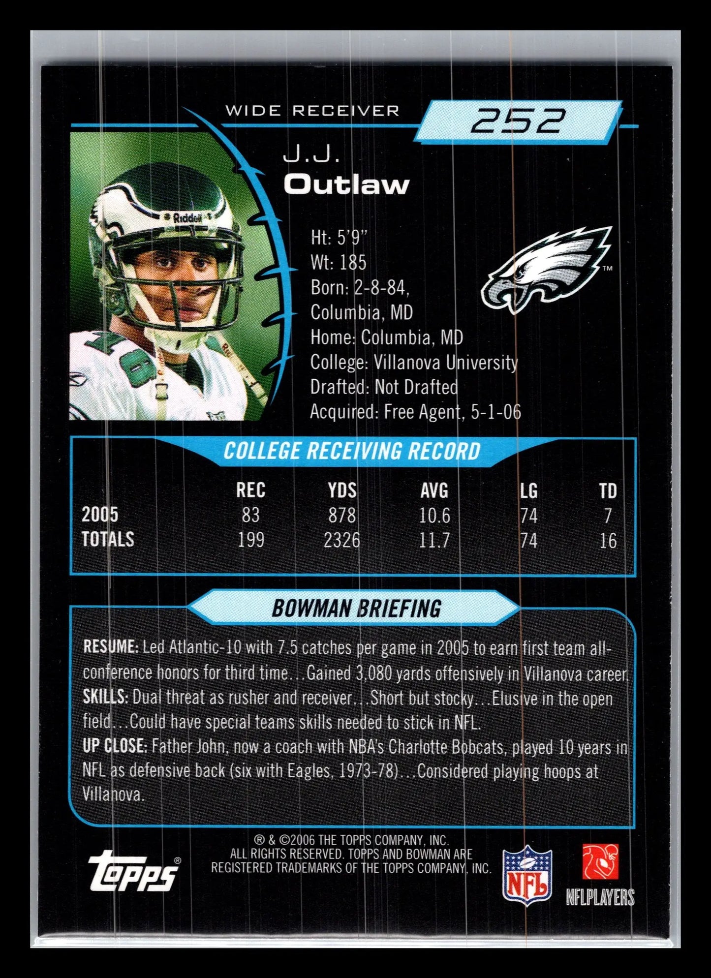 2006 Bowman #252 J.J. Outlaw Philadelphia Eagles Rookie - Football Card Single