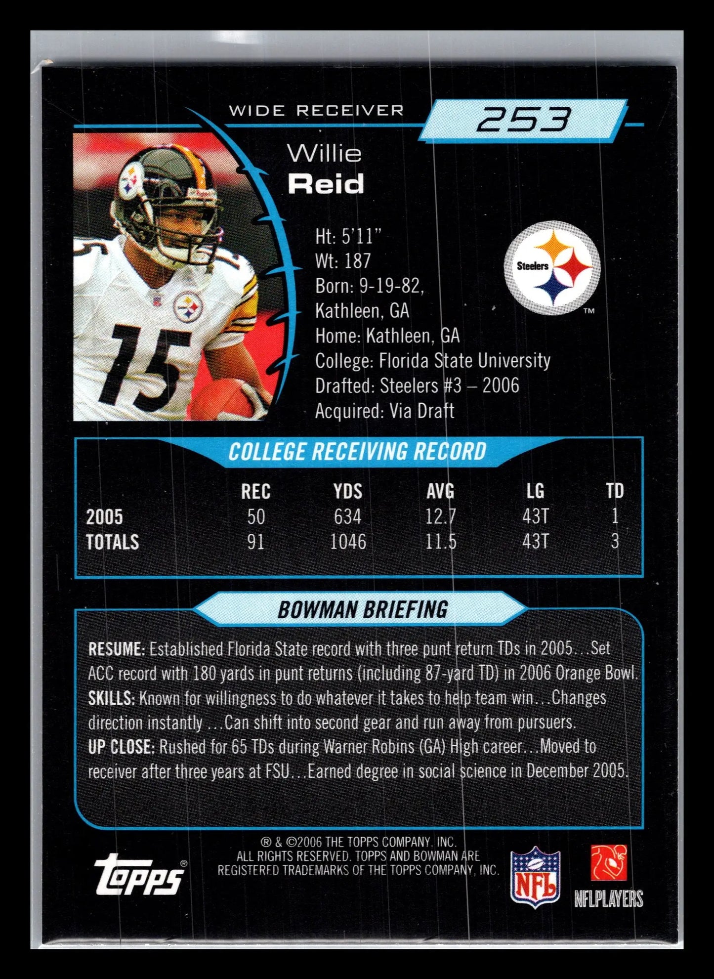 2006 Bowman #253 Willie Reid Pittsburgh Steelers Rookie - Football Card Single