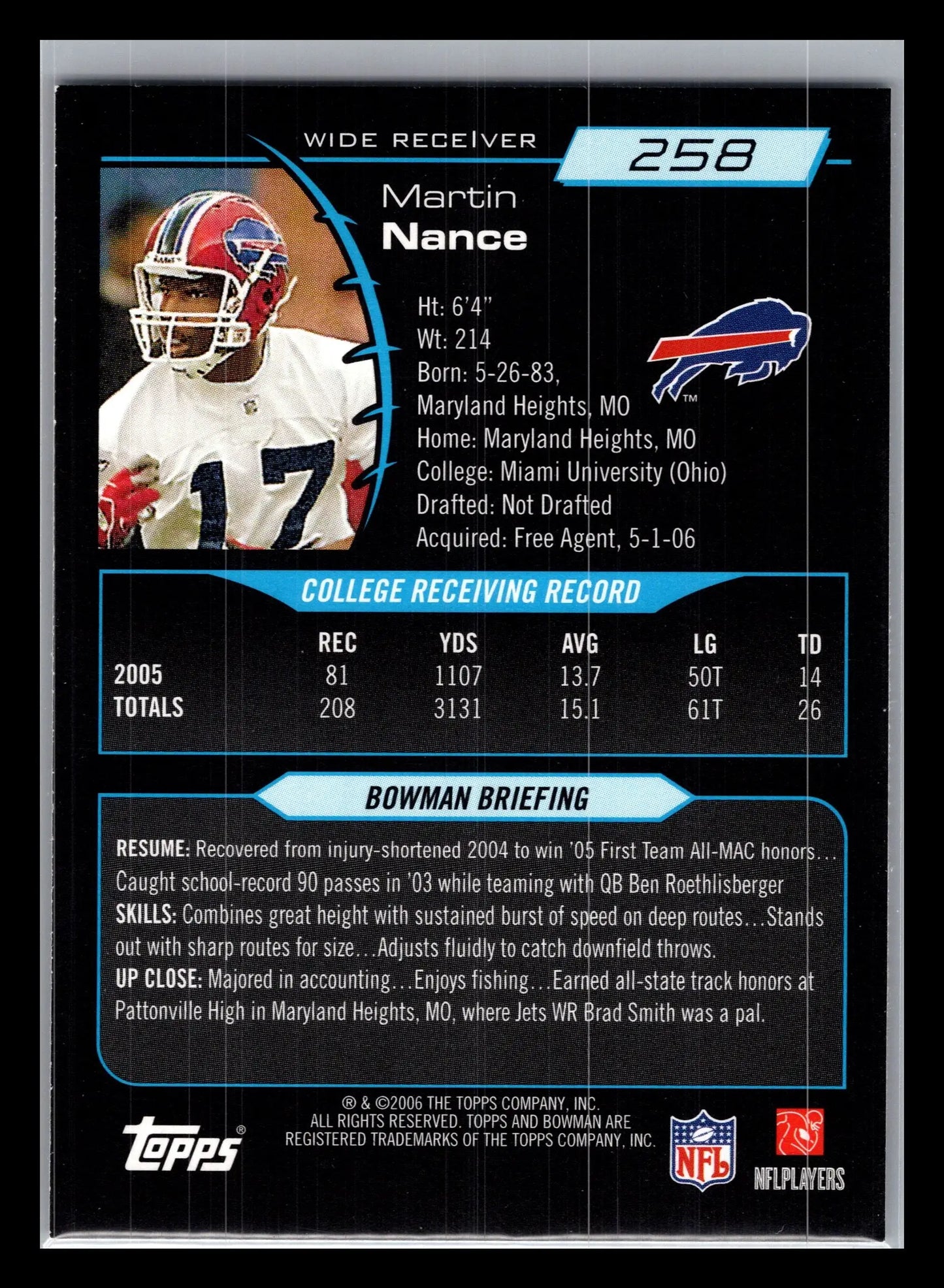 2006 Bowman #258 Martin Nance Buffalo Bills Rookie