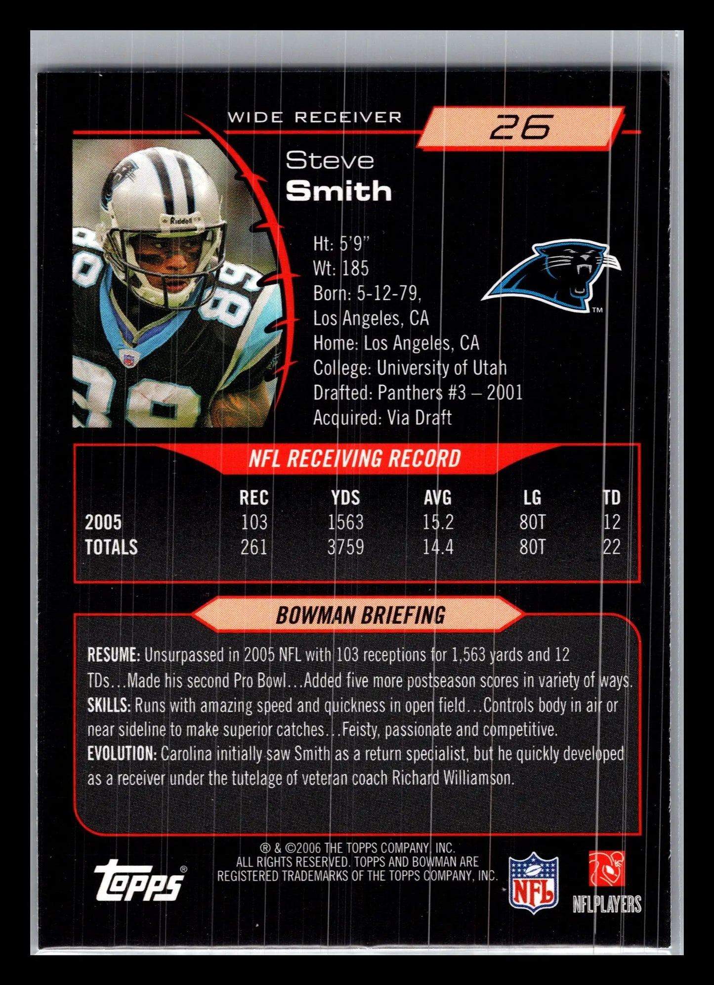 2006 Bowman #26 Steve Smith Carolina Panthers - Football Card Single