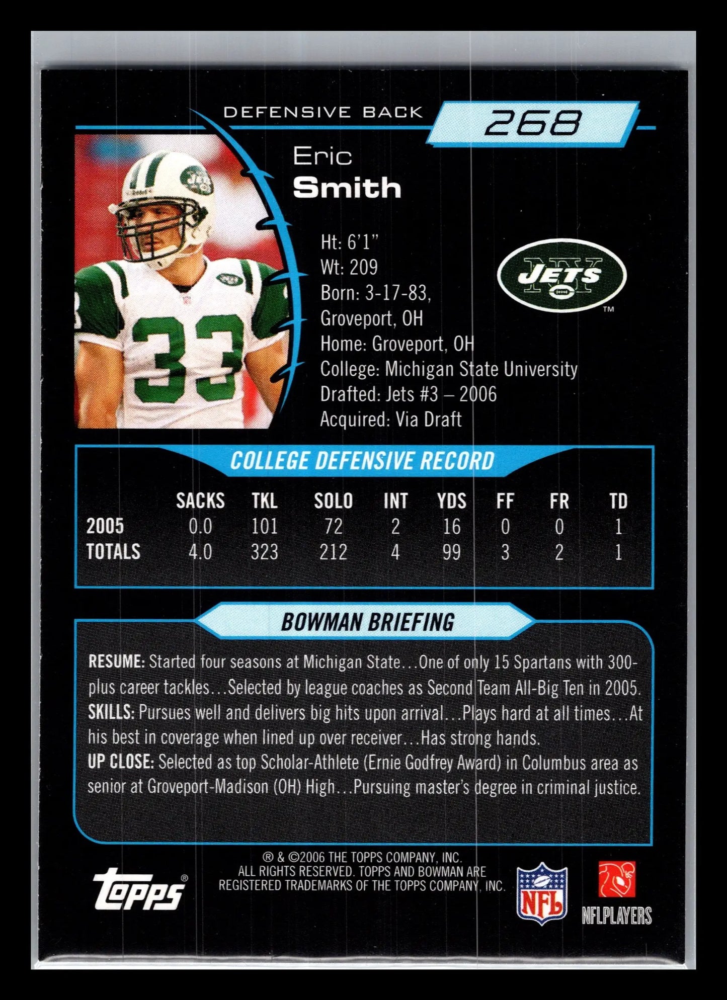 2006 Bowman #268 Eric Smith New York Jets Rookie - Football Card Single