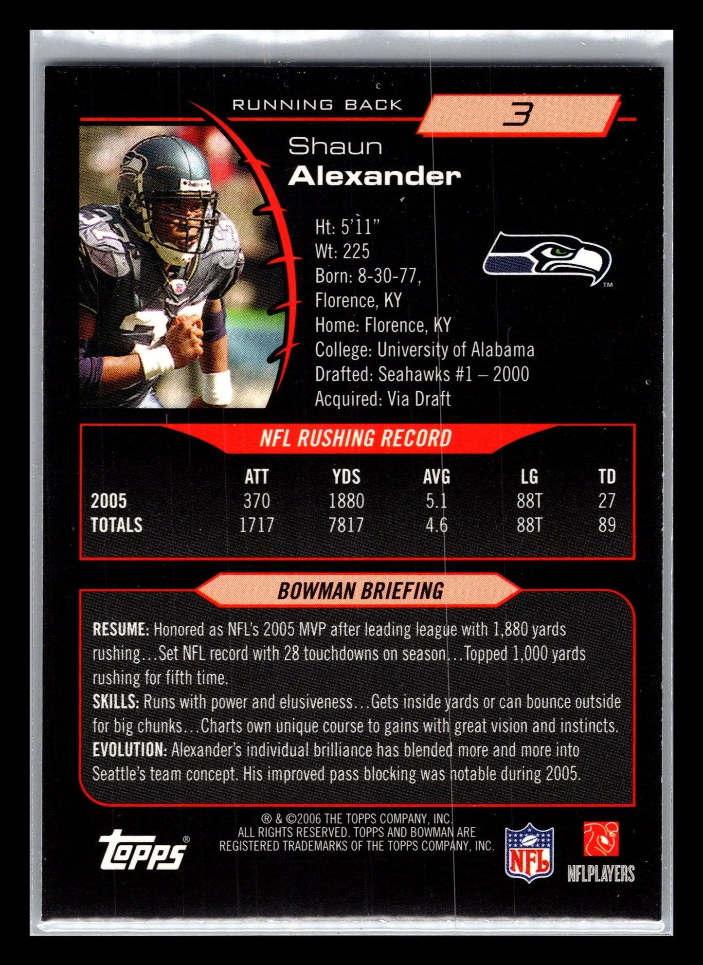 2006 Bowman #3 Shaun Alexander Seattle Seahawks