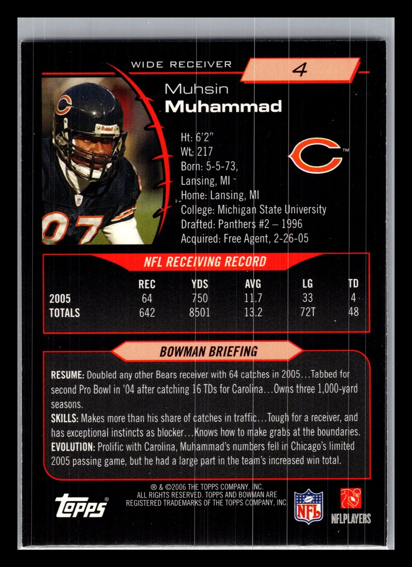 2006 Bowman #4 Muhsin Muhammad Chicago Bears - Football Card Single