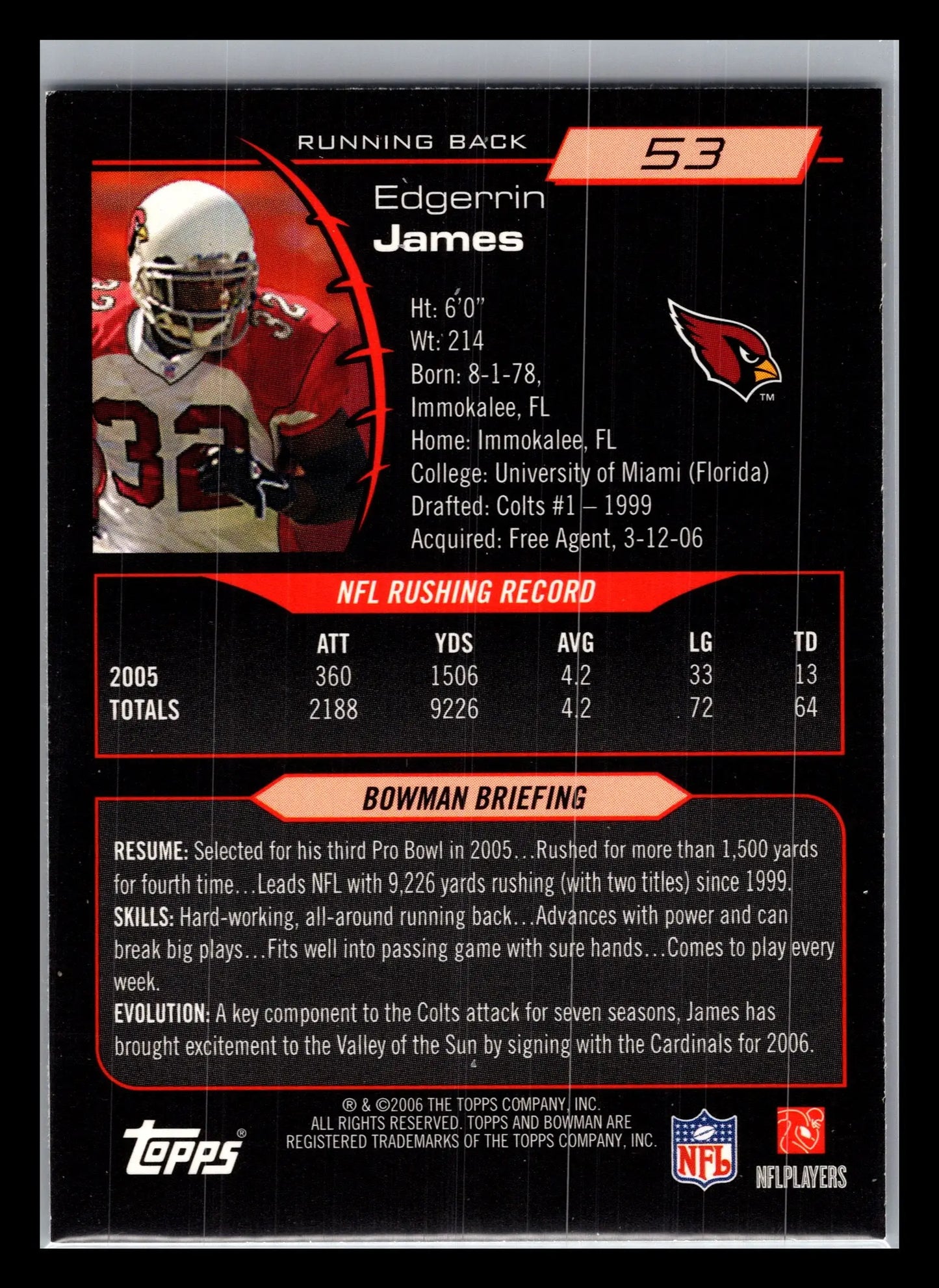 2006 Bowman #53 Edgerrin James Arizona Cardinals