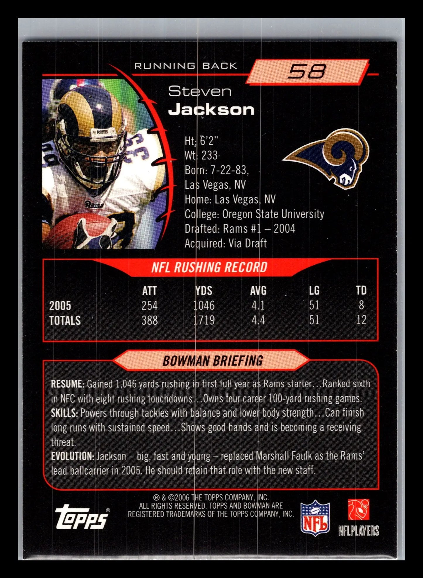 2006 Bowman #58 Steven Jackson St. Louis Rams - Football Card Single