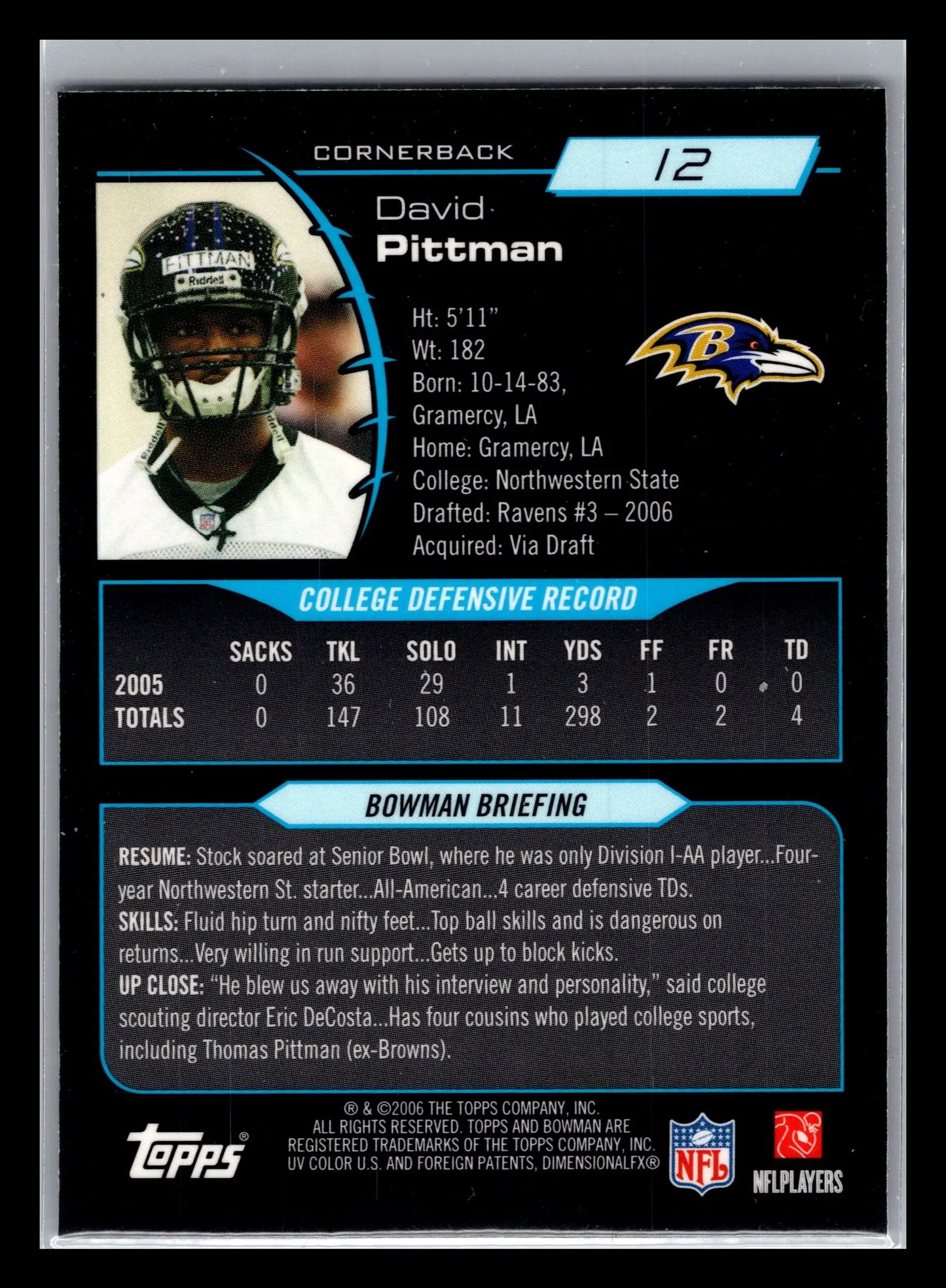 2006 Bowman Chrome #12 David Pittman Baltimore Ravens Rookie - Football Card Single