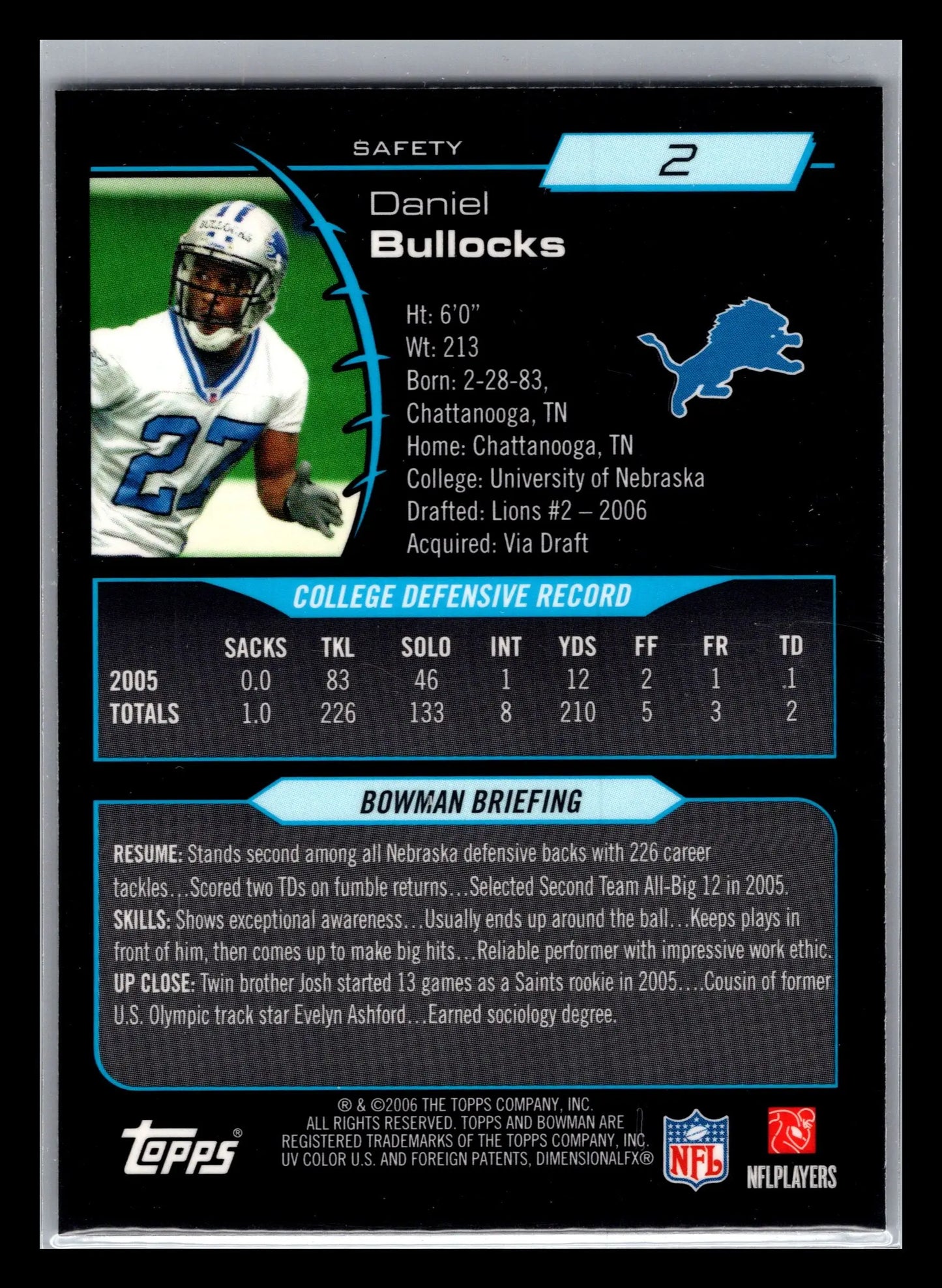 2006 Bowman Chrome #2 Daniel Bullocks Detroit Lions Rookie - Football Card Single