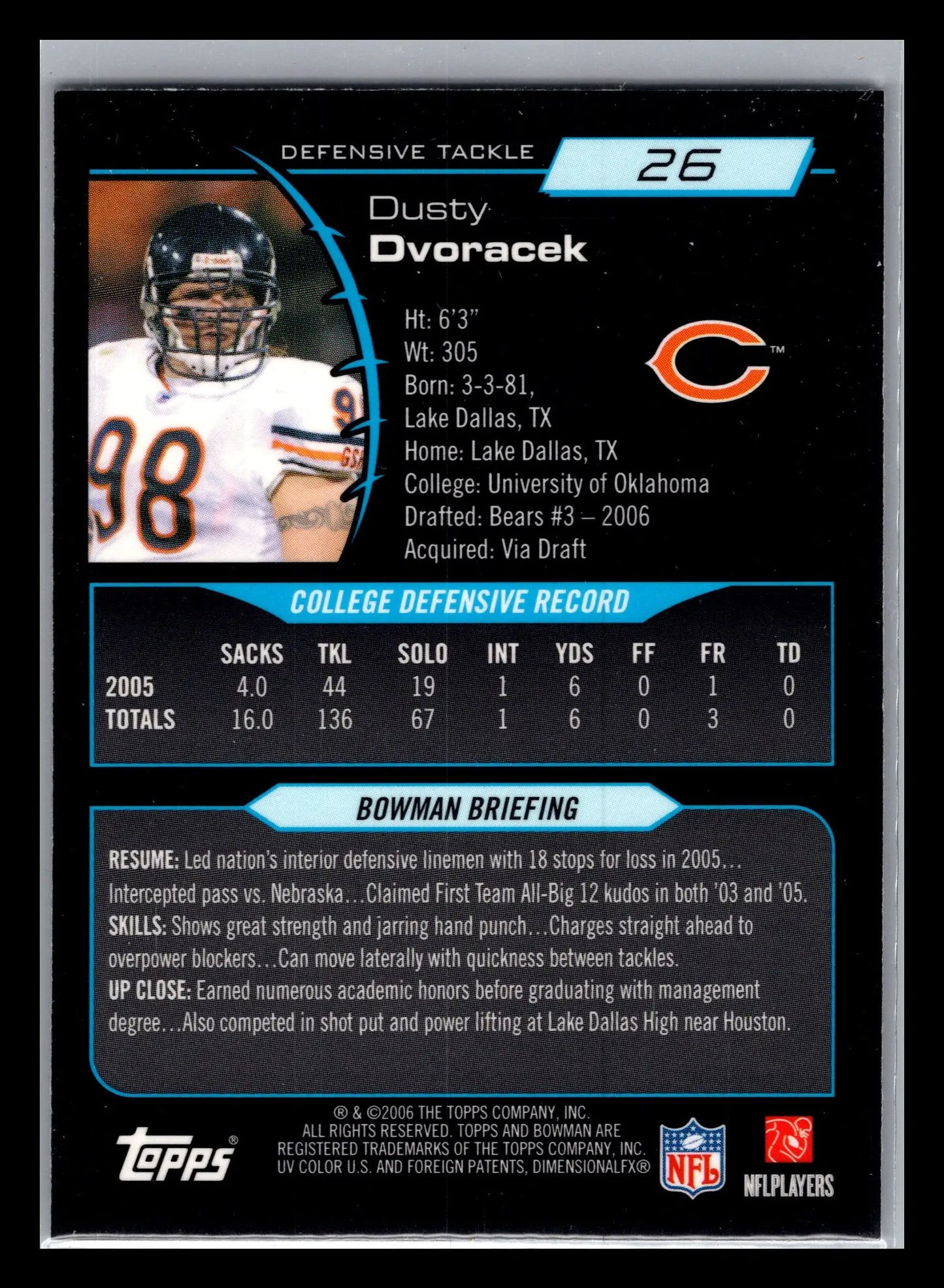 2006 Bowman Chrome #26 Dusty Dvoracek Chicago Bears Rookie - Football Card Single