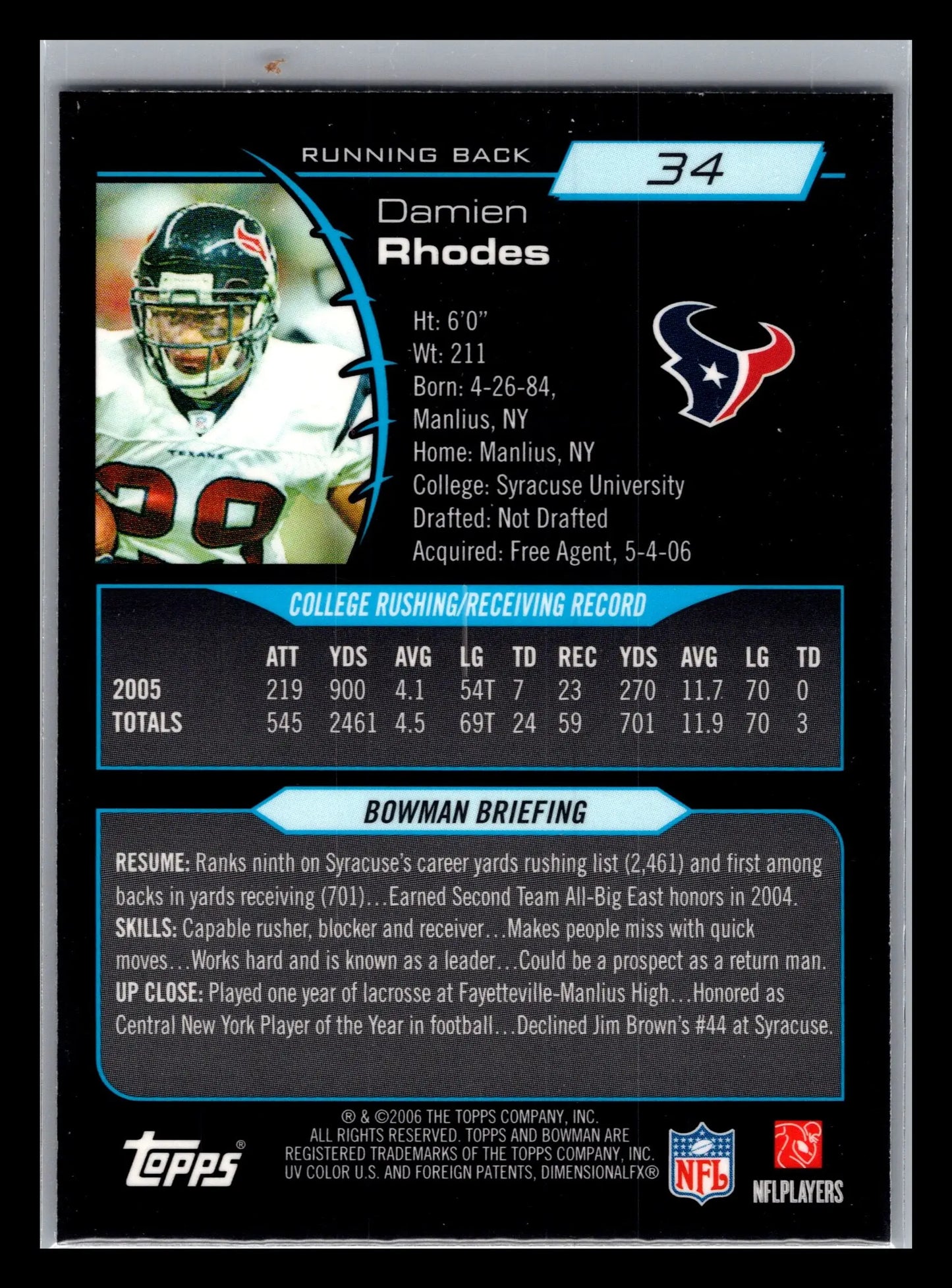 2006 Bowman Chrome #34 Damien Rhodes Houston Texans Rookie - Football Card Single