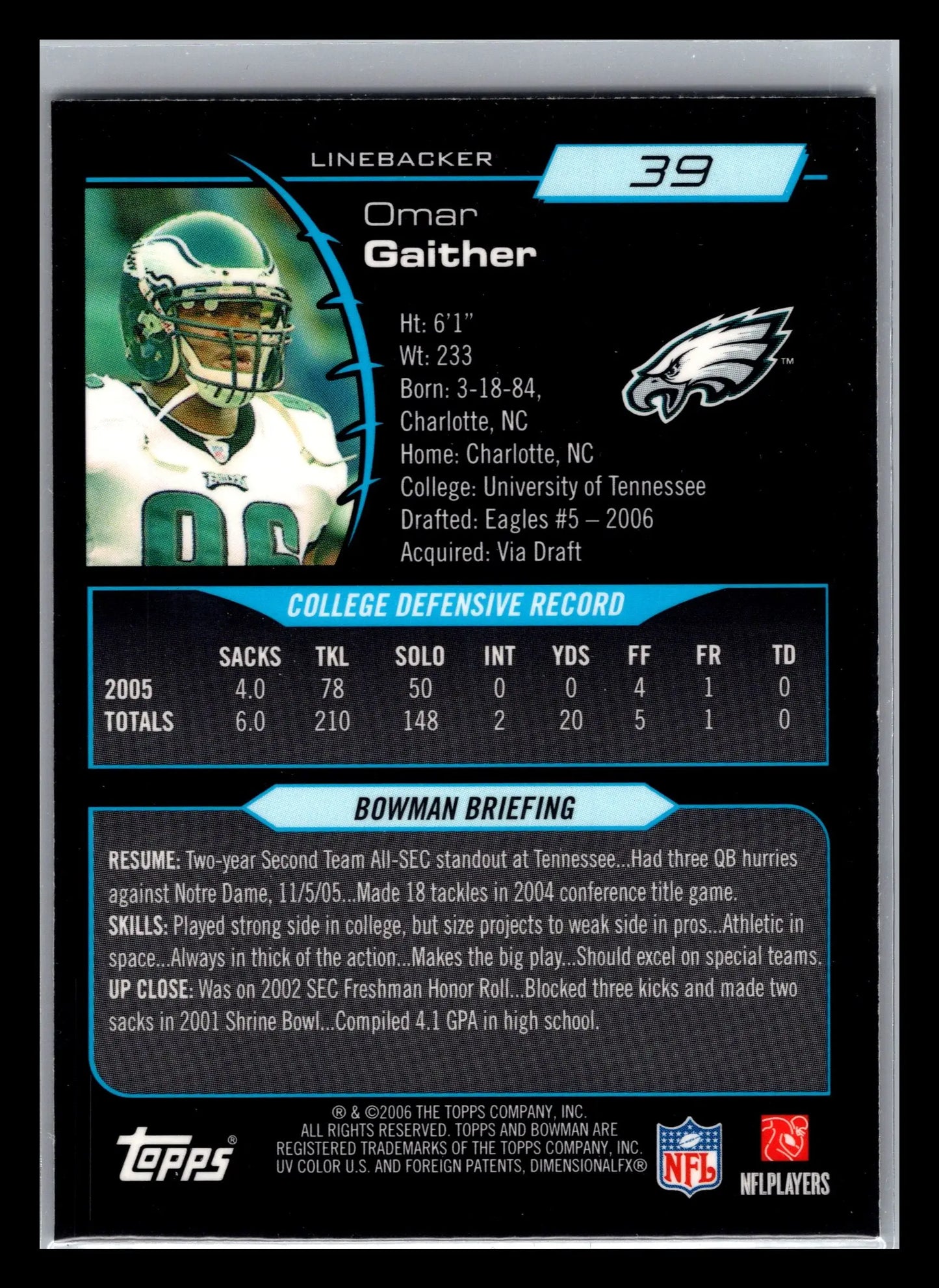 2006 Bowman Chrome #39 Omar Gaither Philadelphia Eagles Rookie - Football Card Single
