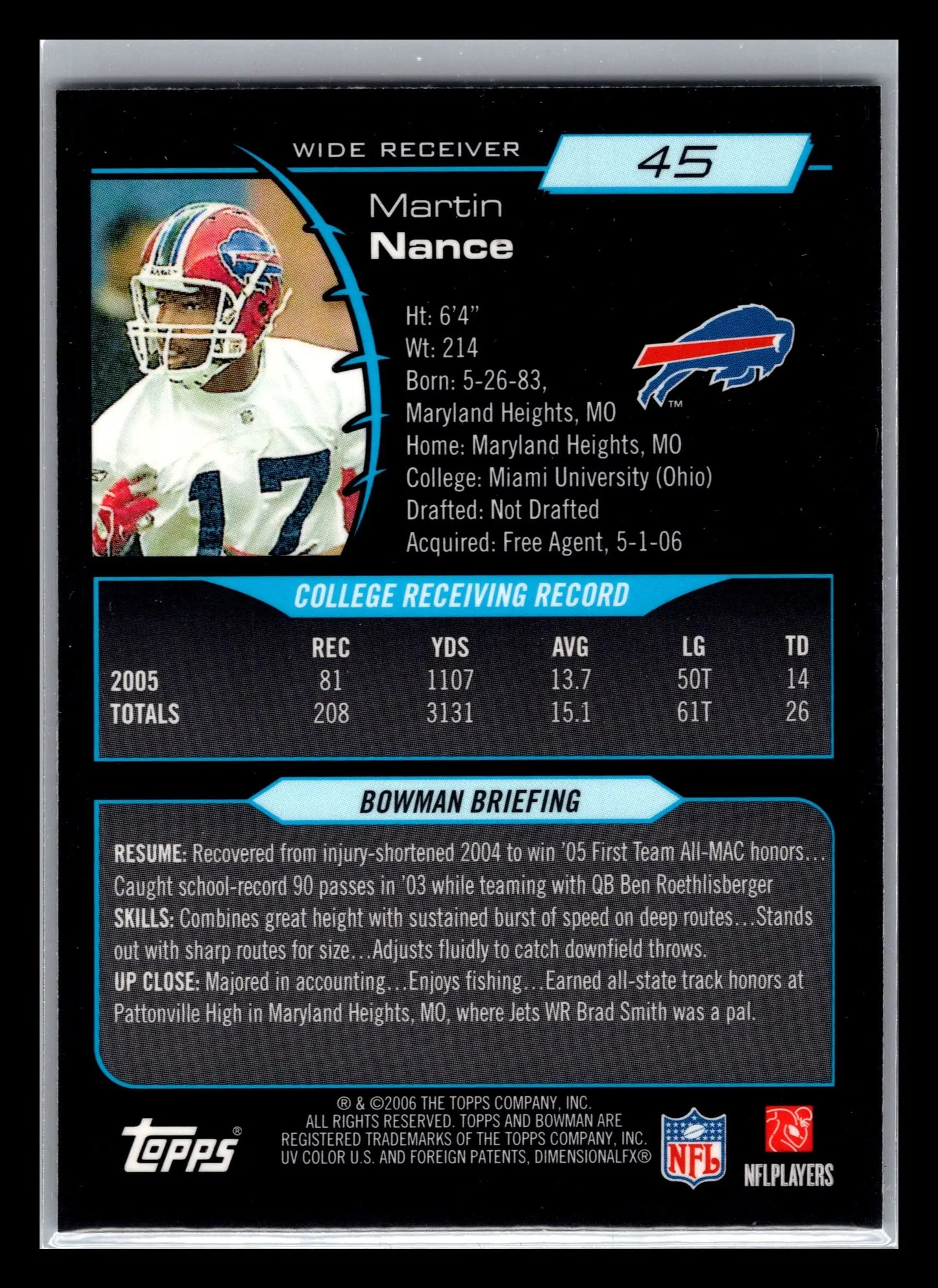 2006 Bowman Chrome #45 Martin Nance Buffalo Bills Rookie - Football Card Single