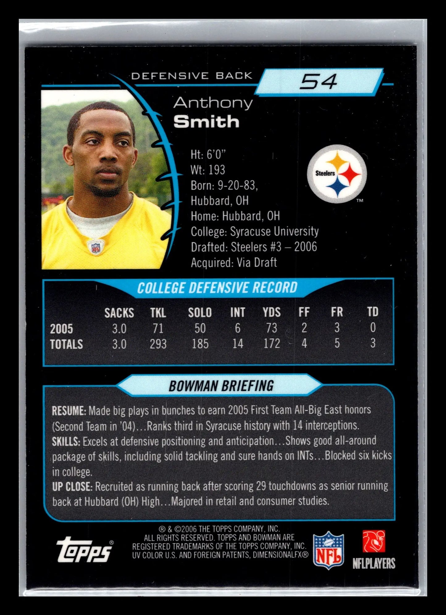 2006 Bowman Chrome #54 Anthony Smith Pittsburgh Steelers Rookie - Football Card Single