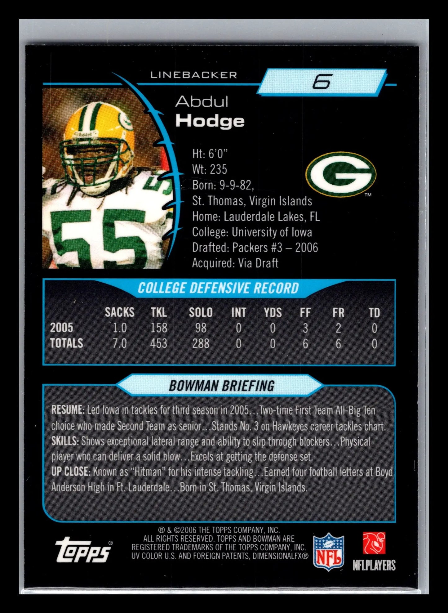 2006 Bowman Chrome #6 Abdul Hodge Green Bay Packers Rookie - Football Card Single