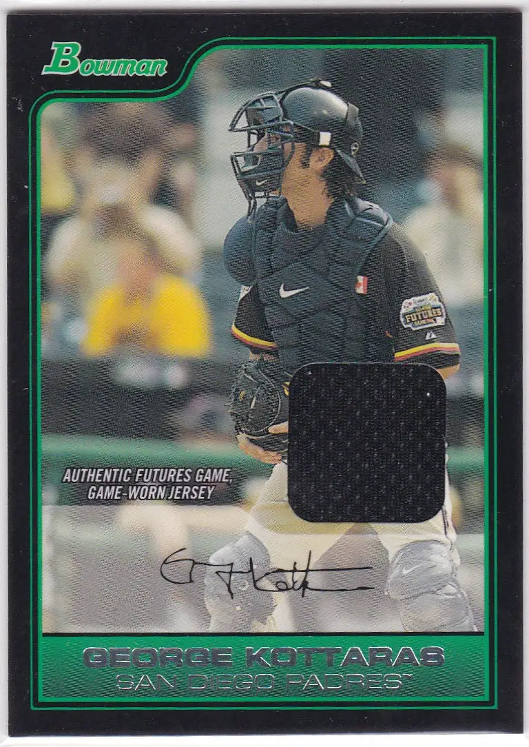 Baseball card of FG38 George Kottaras Relic with jersey patch and autograph in black gear