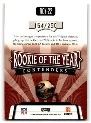 2006 Playoff Contenders #ROY-22 Manny Lawson ROY Contenders Gold #/250 - Football Card Single