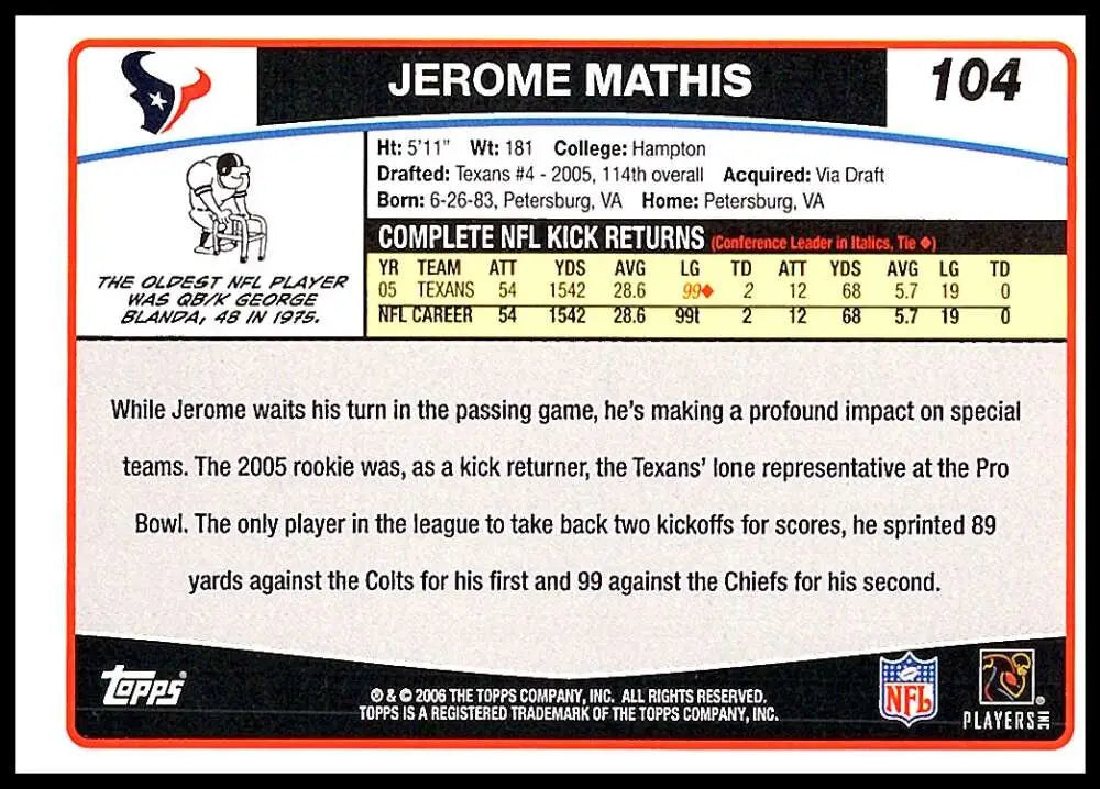 2006 Topps #104 Jerome Mathis NM-MT Houston Texans Football Card - Football Card Single