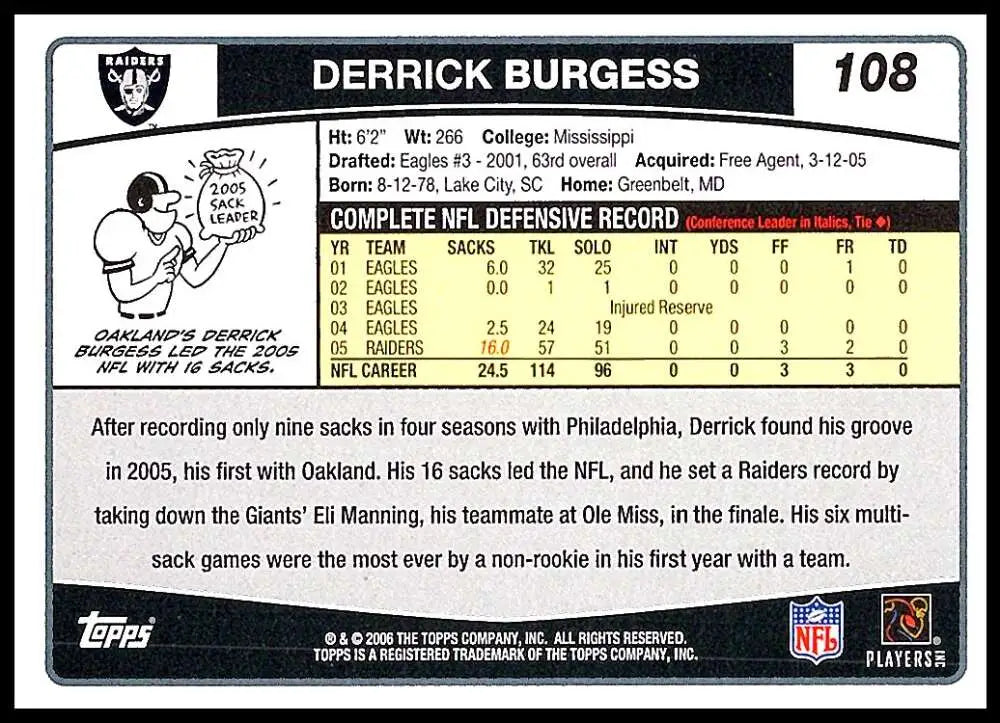 2006 Topps #108 Derrick Burgess NM-MT Oakland Raiders Football Card - Football Card Single