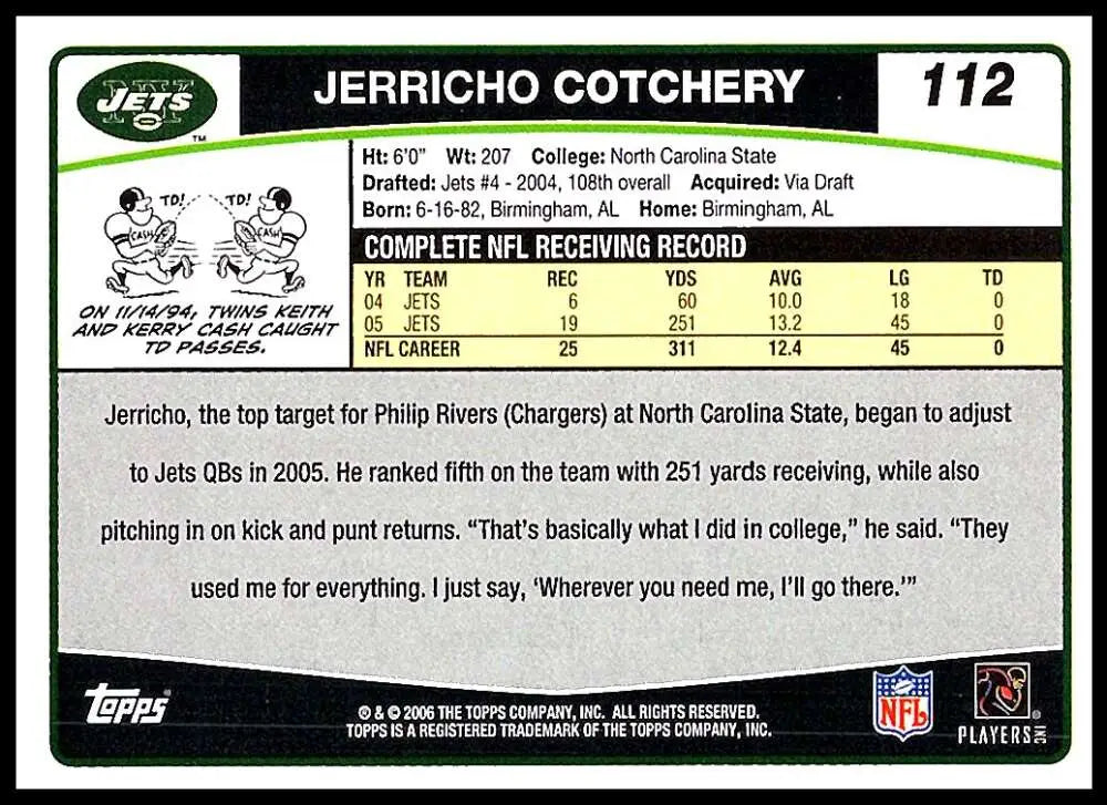 2006 Topps #112 Jerricho Cotchery NM-MT New York Jets Football Card - Football Card Single