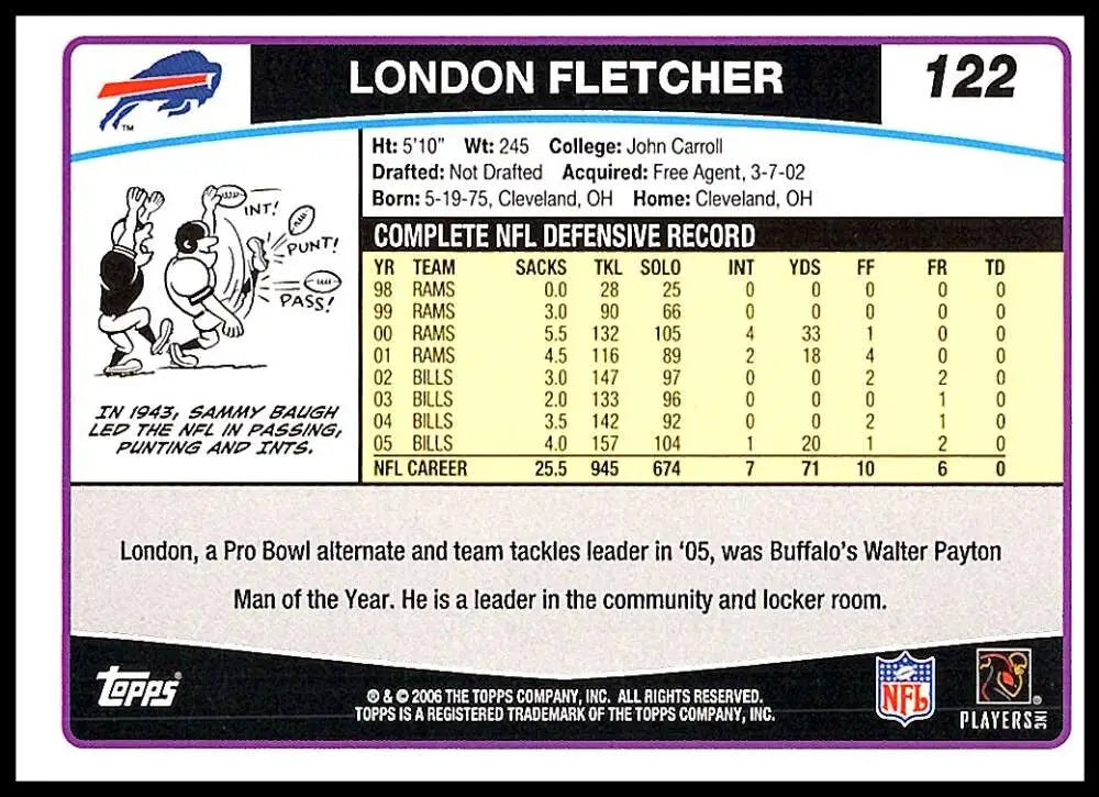 2006 Topps #122 London Fletcher NM-MT Buffalo Bills Football Card - Football Card Single