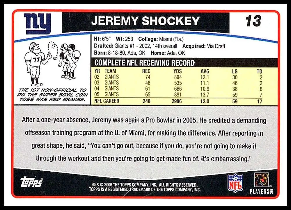 2006 Topps #13 Jeremy Shockey NM-MT New York Giants Football Card - Football Card Single
