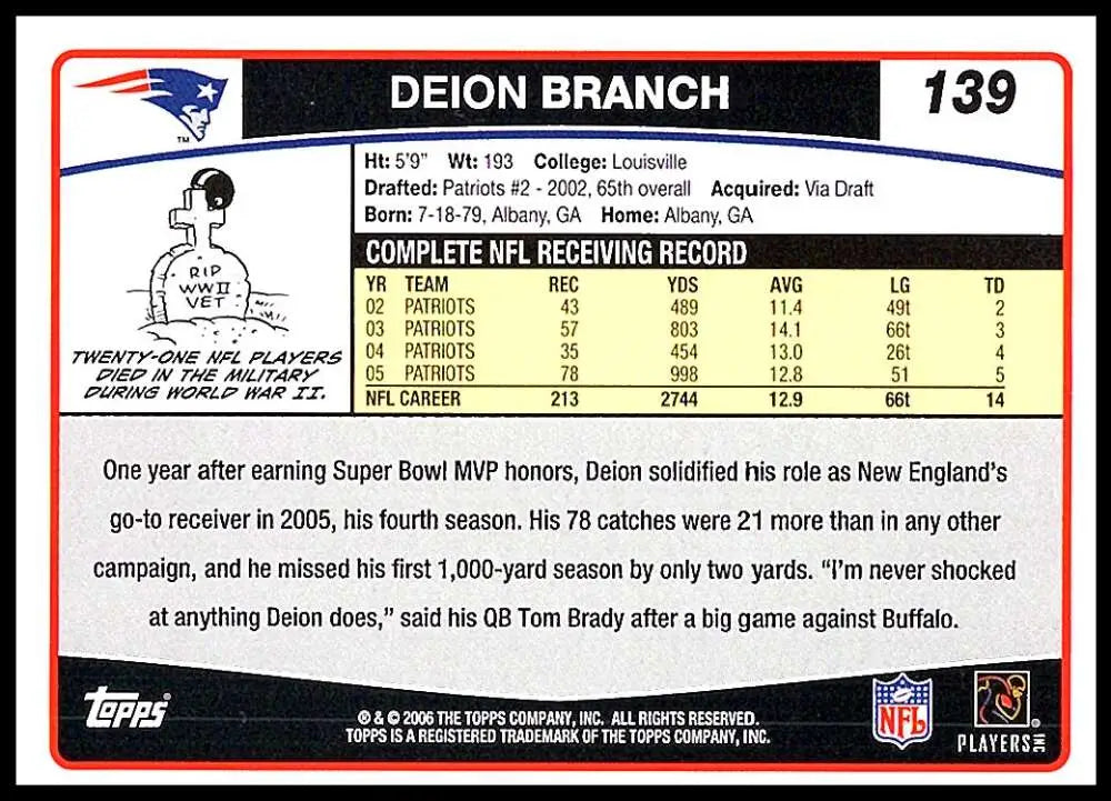 2006 Topps #139 Deion Branch NM-MT New England Patriots Football Card - Football Card Single